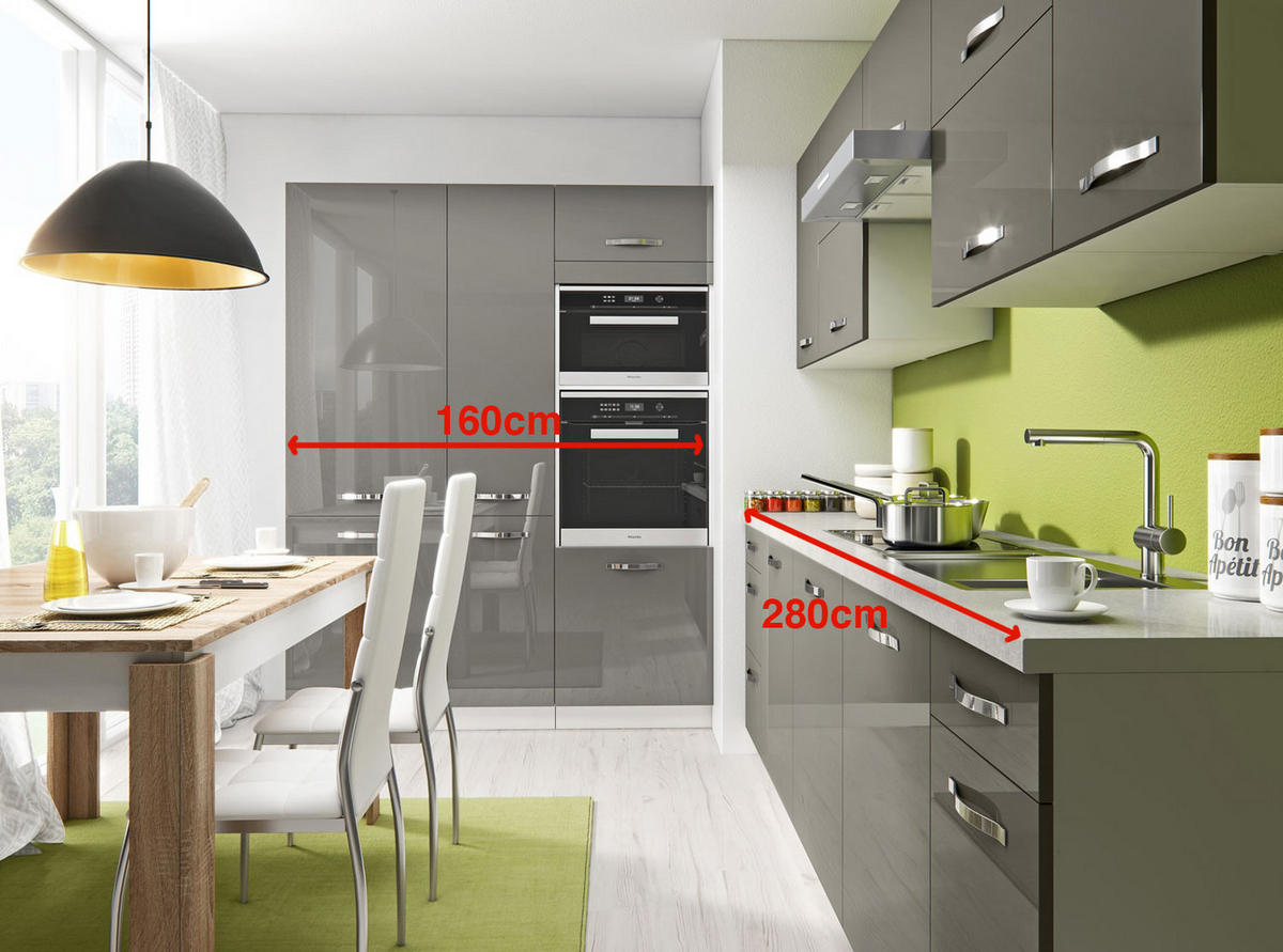 WINKELKÜCHE Essen Trend weiß / graphit hochglanz 13-teilig - Weiß/Grau, Holzwerkstoff (160/207/280cm) - Feldmann-Wohnen