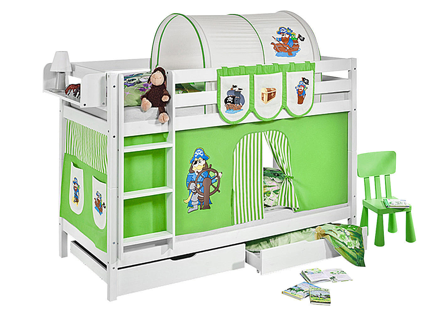 ETAGENBETT JELLE 90x200 cm Pirat grün gestreift - Hochbett - inkl. Vorhang und 2 Lattenrosten - Weiß, Holz - Lilokids