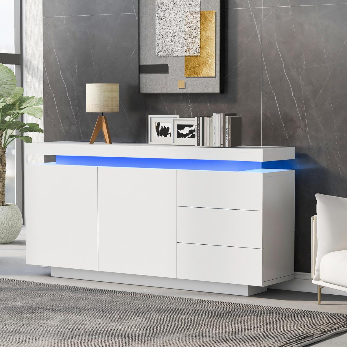 SIDEBOARD mit LED 140 x 35 x 72,5 cm Weiß Hochglanz 2 Türen 3 Schubladen - Weiß, Holzwerkstoff (140/72/38cm) - Meubliv