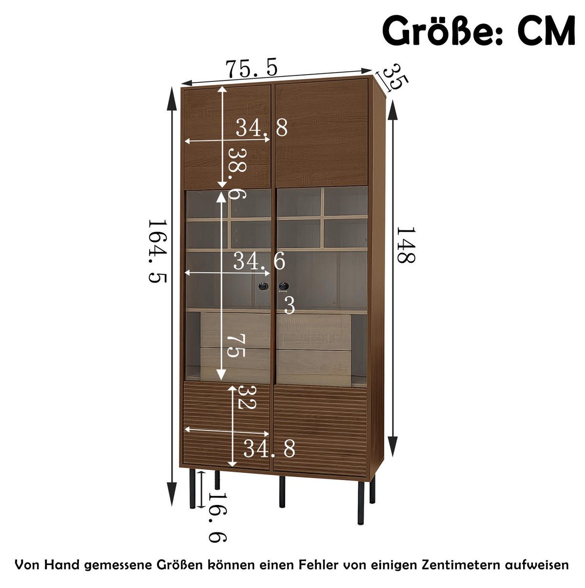 VITRINENSCHRANK aus MDF mit Glasfront und 4 Schubladen Nussbaumfarben - Walnussfarben, Holzwerkstoff (75.5/164.5/35cm) - Modenvie