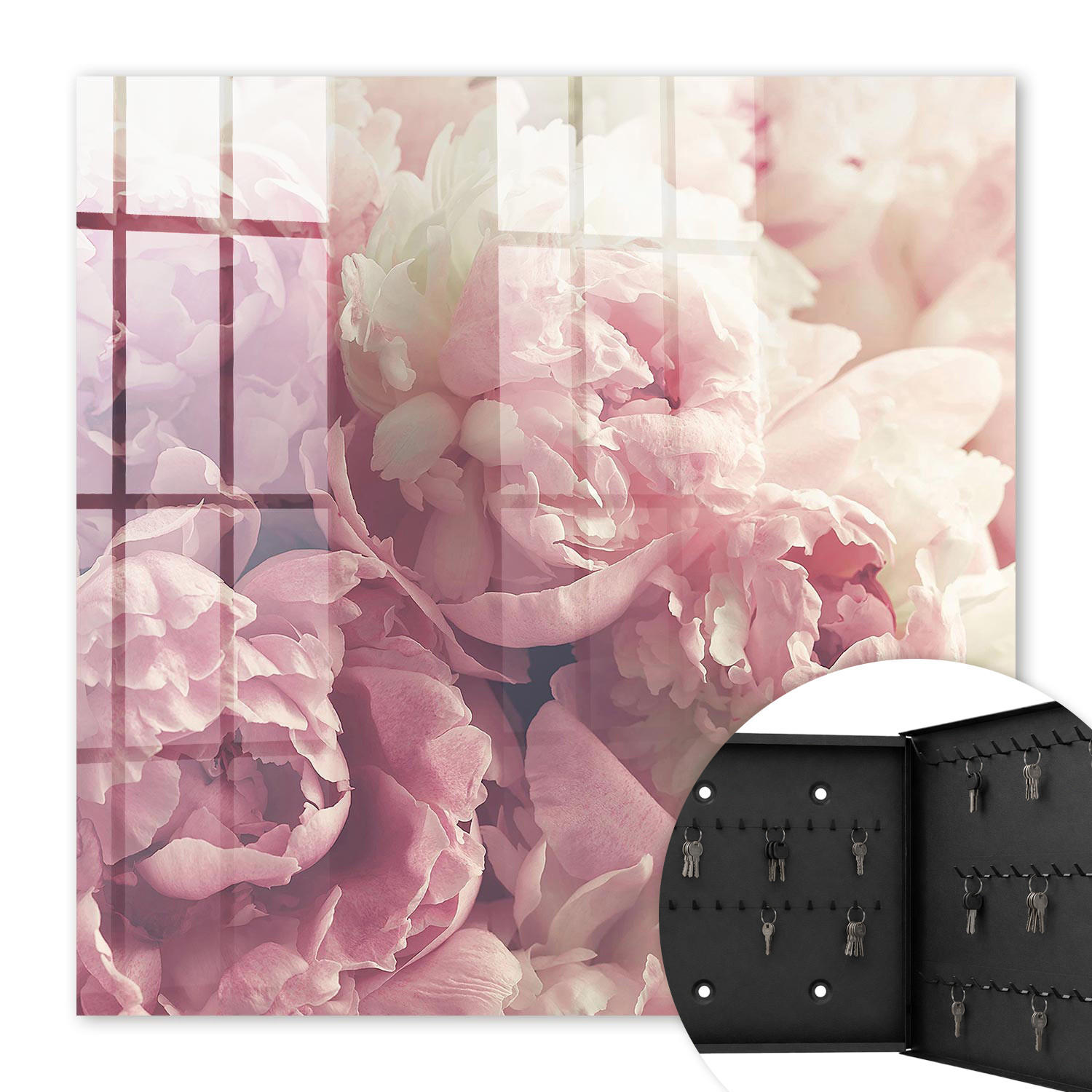 SCHLÜSSELBOX Schwarz 30x30 cm- Türöffnung nach rechts - Pfingstrosen - Pink, Metall (30/30/5cm) - TULUP