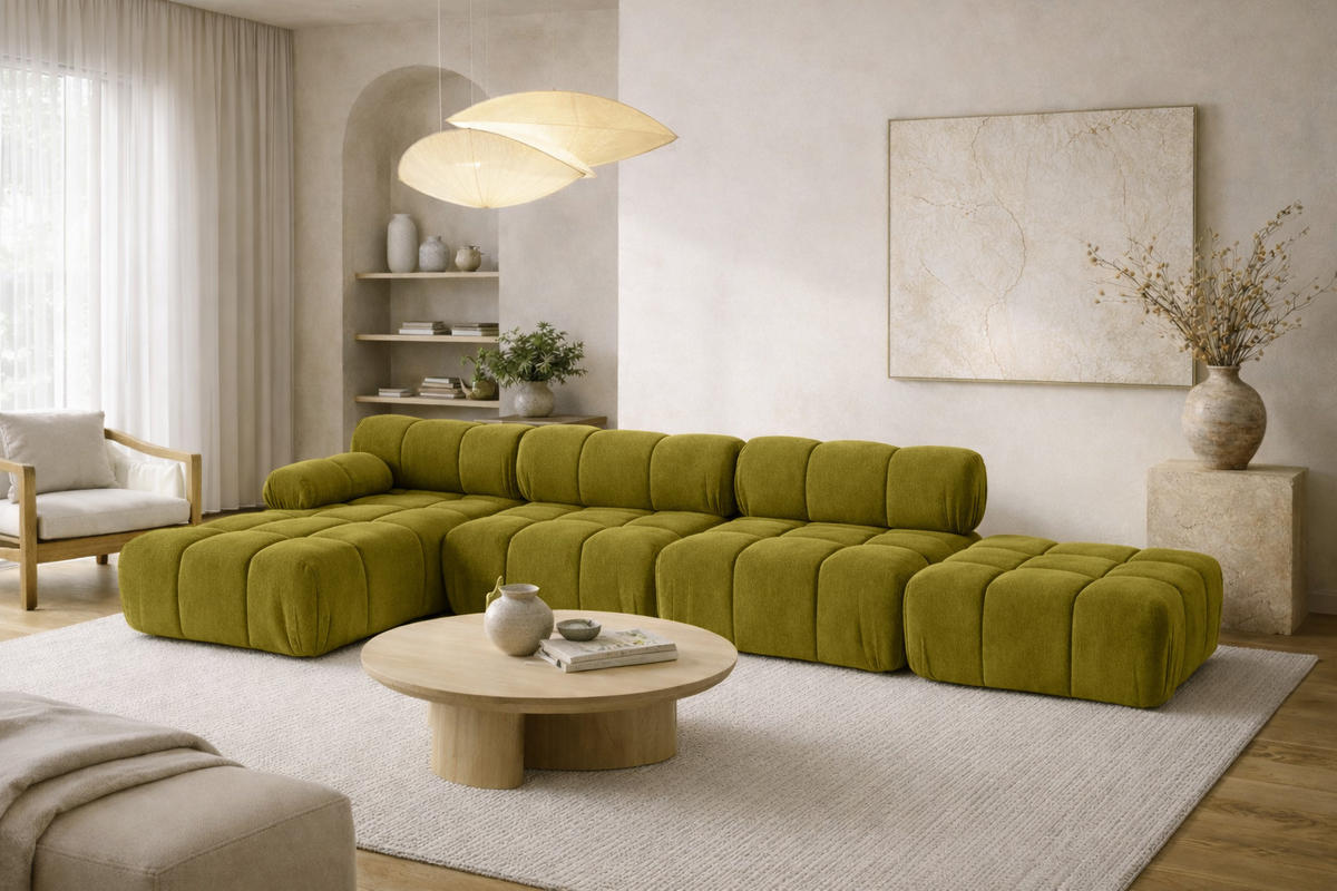 ECKSOFA L-Form XL, Stoff Velours Salvador, Olive, Links, Selia L XL - Olivgrün, Holz (380/160cm) - Kaiser Möbel