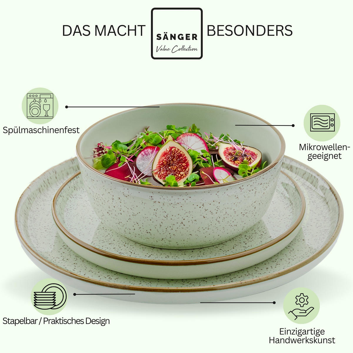 TAFELSERVICE RIO MINZE - 18 teilig aus Steingut - Salbeigrün, Stein (27/6.6/27cm) - Sänger