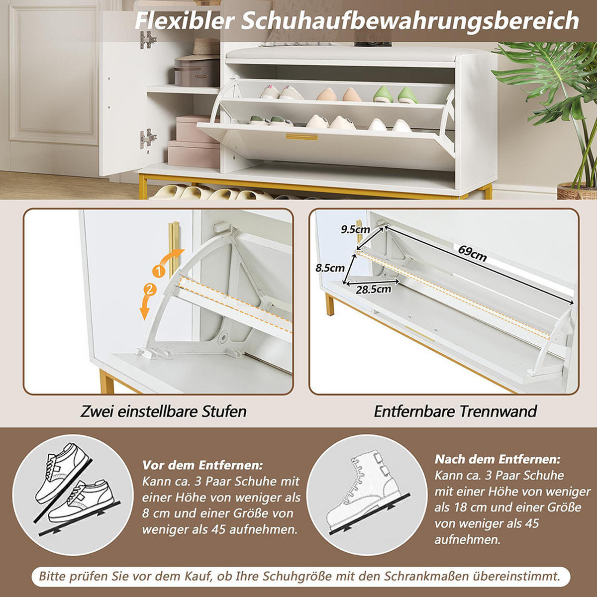 SCHUHBANK in 100x38x68cm mit 2 Fächern 1 Schrank,Weiß + Gold - Weiß, Holzwerkstoff (38/68/100cm) - KOMHTOM