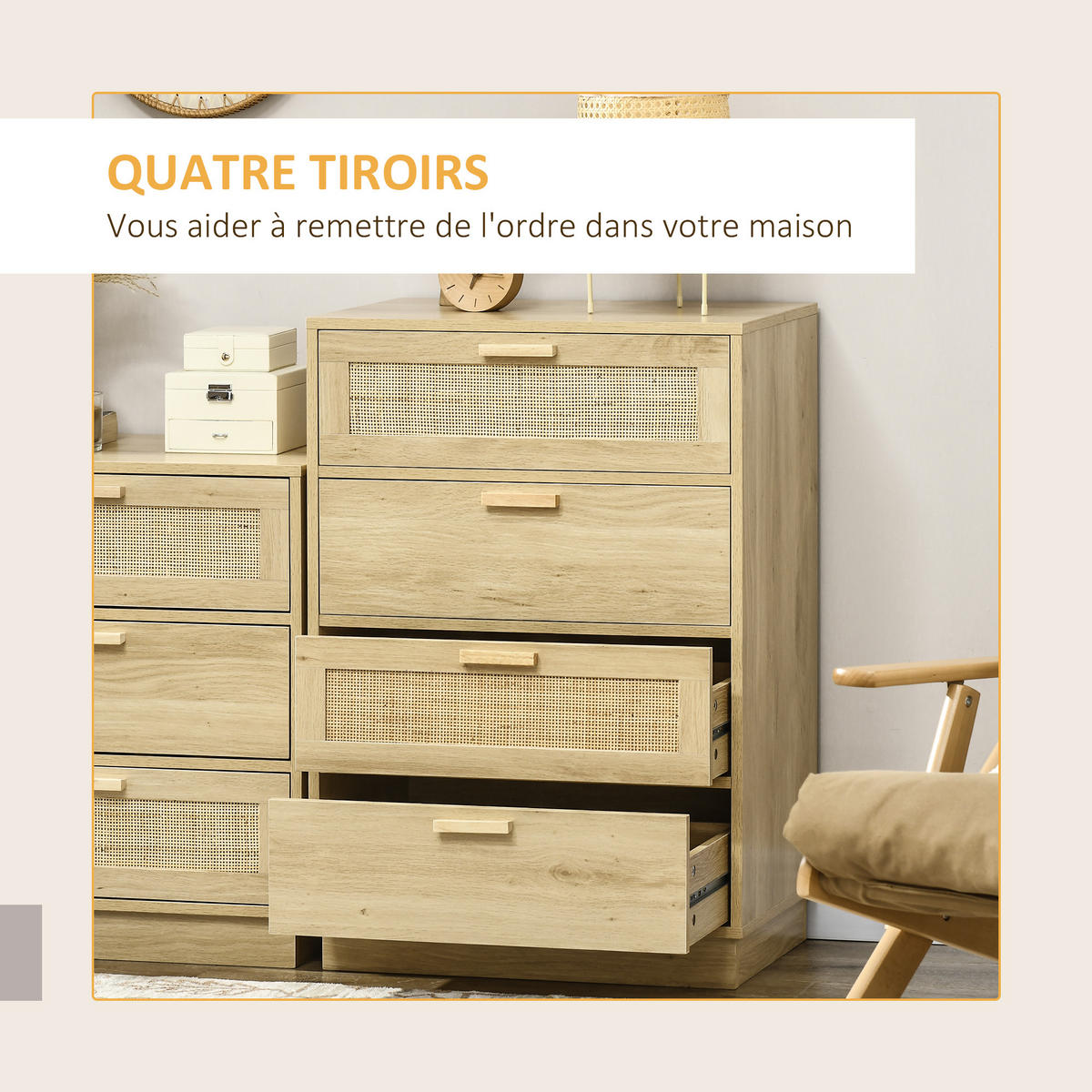 KOMMODE Naturfarben 4 Schubladen Rattan-Optik 60/38/88,5 cm - Naturfarben, Holzwerkstoff (60/88.5/38cm) - PANGIVO