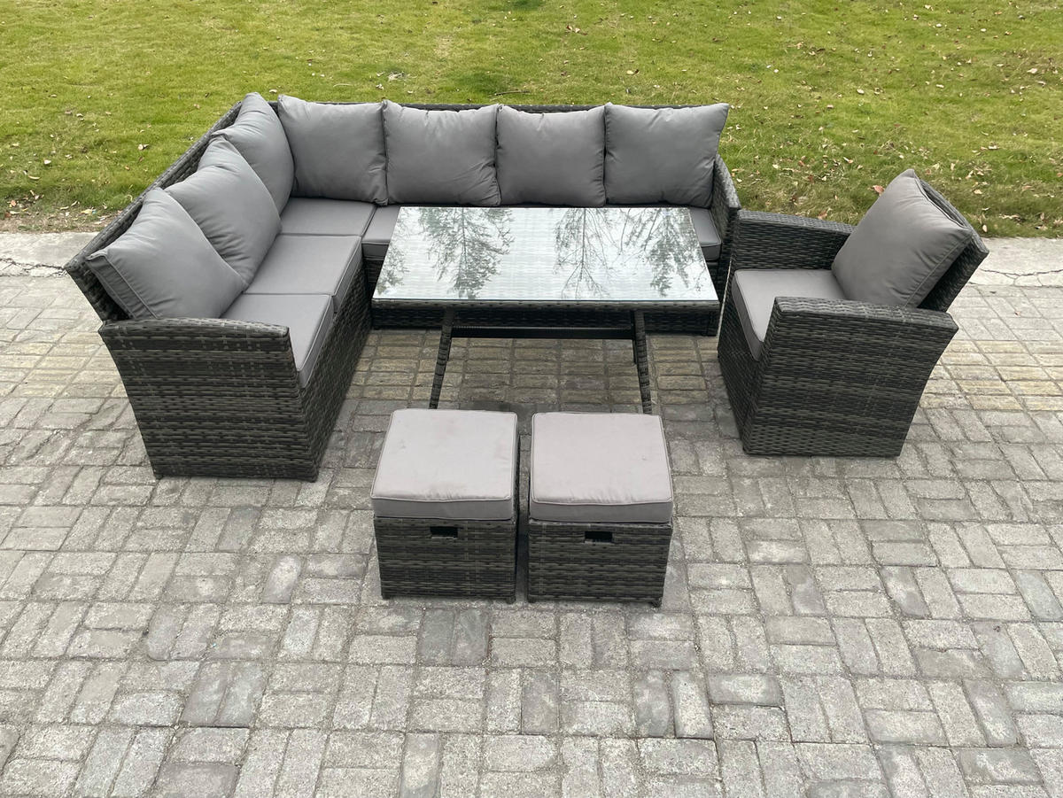 SITZGRUPPE mit Ecksofa Polyrattan 9-Sitzer - Dunkelgrau/Grau, Glas/Kunststoff - Fimous