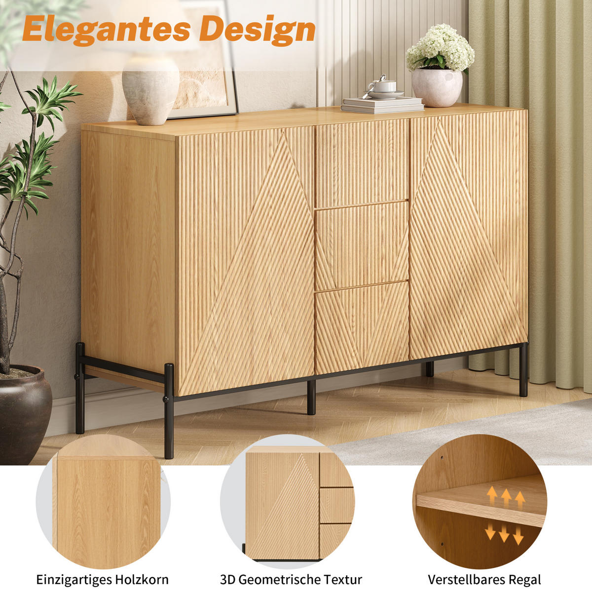 SIDEBOARD 115,5/40/76 cm Natur aus MDF mit Türen und Schubladen - Naturfarben, Holzwerkstoff (115.5/76/40cm) - OKWISH