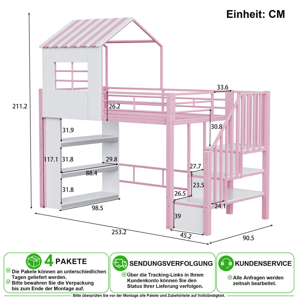 HOCHBETT 90/200 cm in Pink mit Stauraum, Treppe und Regal aus MDF und Metall - Rosa, Holzwerkstoff/Metall (90/200cm) - CHICFURN