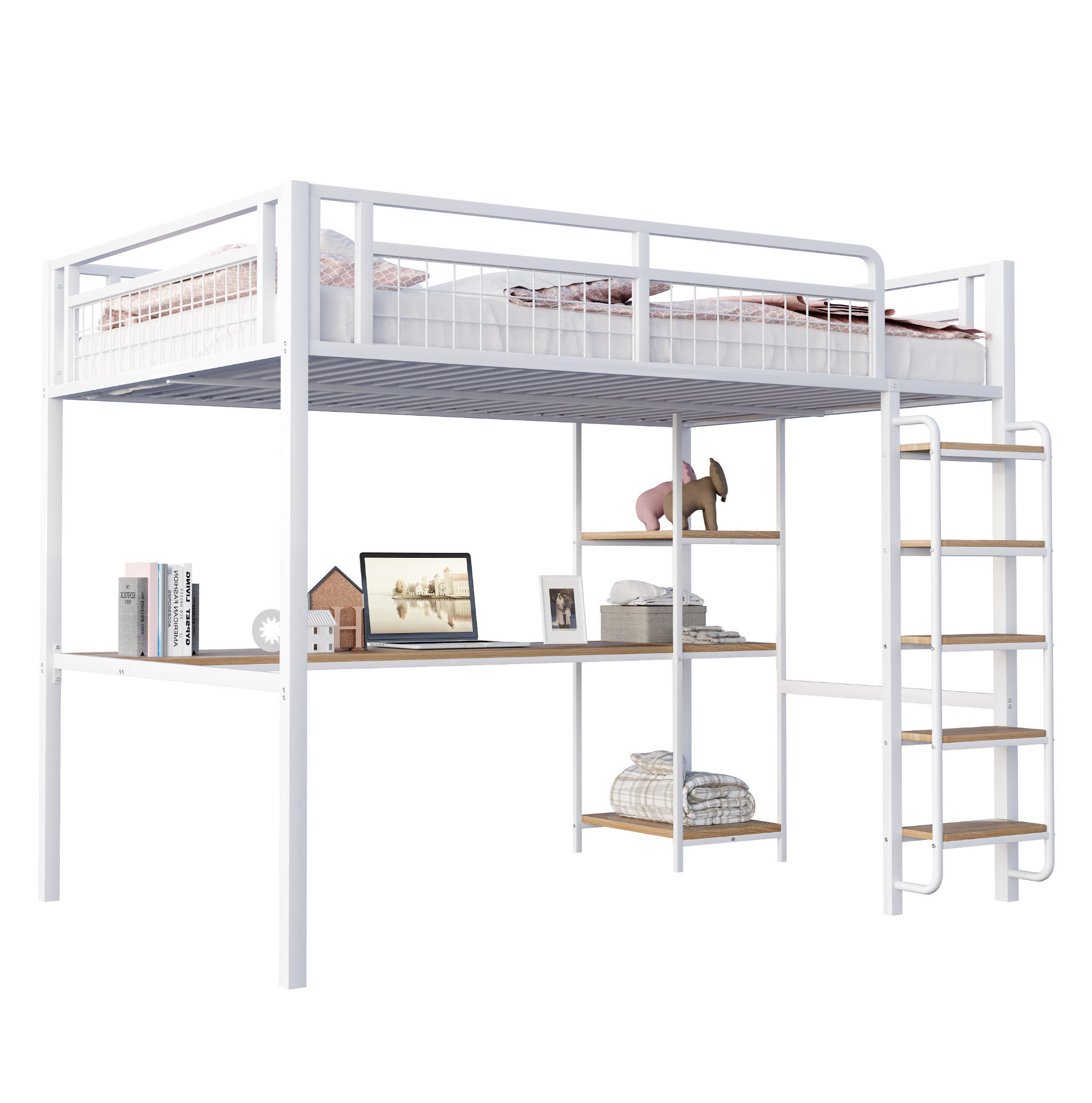 HOCHBETT 140/200 cm Weiß aus MDF und Metall mit Tisch und Regal - Weiß, Metall (140/200cm) - OKMYHOME
