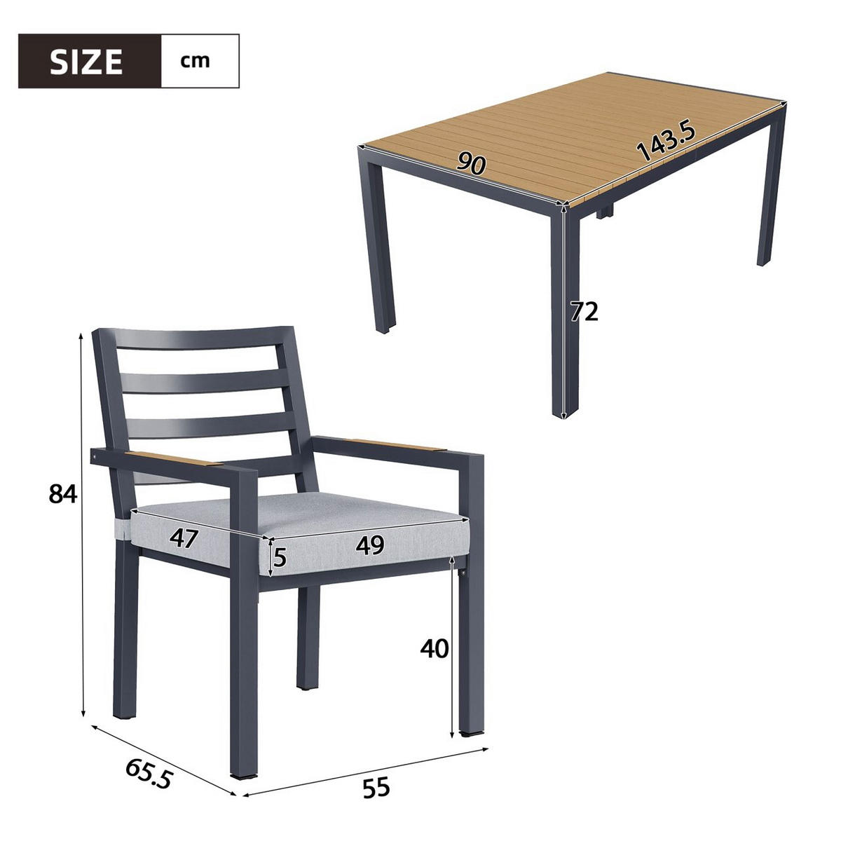 GARTEN Essgruppe 6-Sitzer 143.5×90×72 cm Industriestil, grau - Grau, Textil