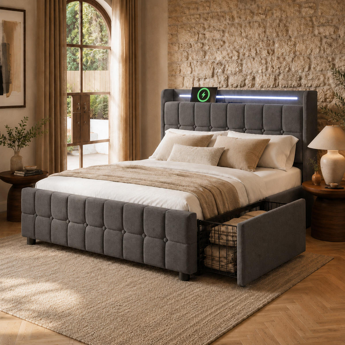 POLSTERBETT 180/200 mit 4 Schubladen, LED und USB in Grau - Grau, Holzwerkstoff/Textil (180/200cm) - EVRYAE