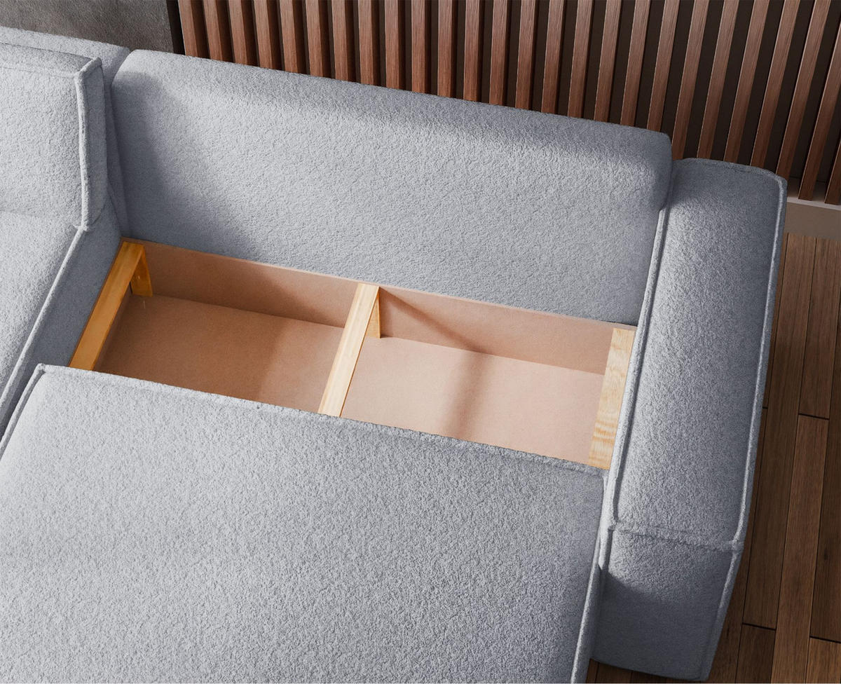 ECKSOFA Scarlo Hellgrau Bouclé-Bezug - Hellgrau/Schwarz, Kunststoff/Textil (244/145cm) - Selsey