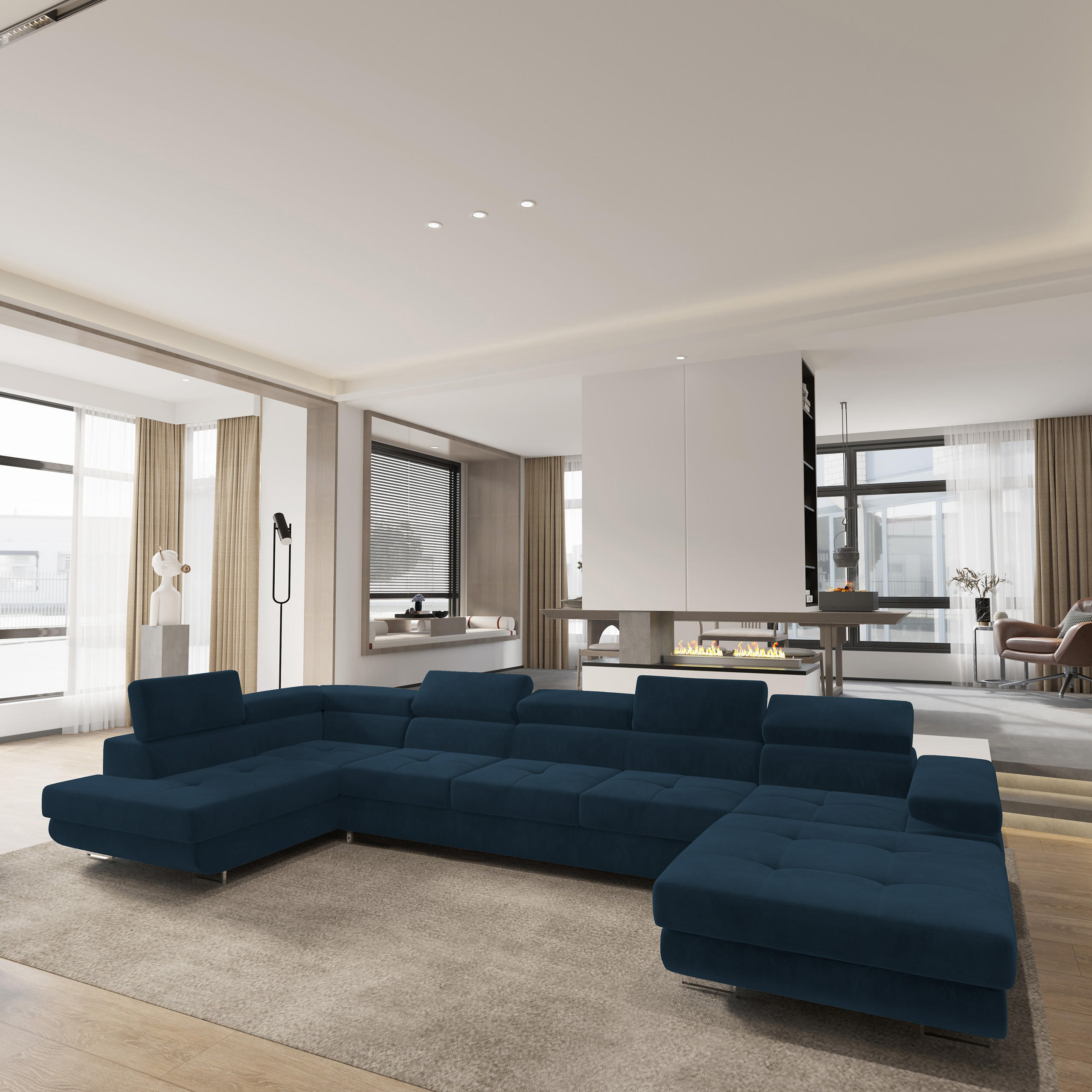 WOHNLANDSCHAFT TORIVA L-S Blau Velours-Stoff mit Schlaffunktion - Blau, Holz (418/90/202cm) - MASSENO