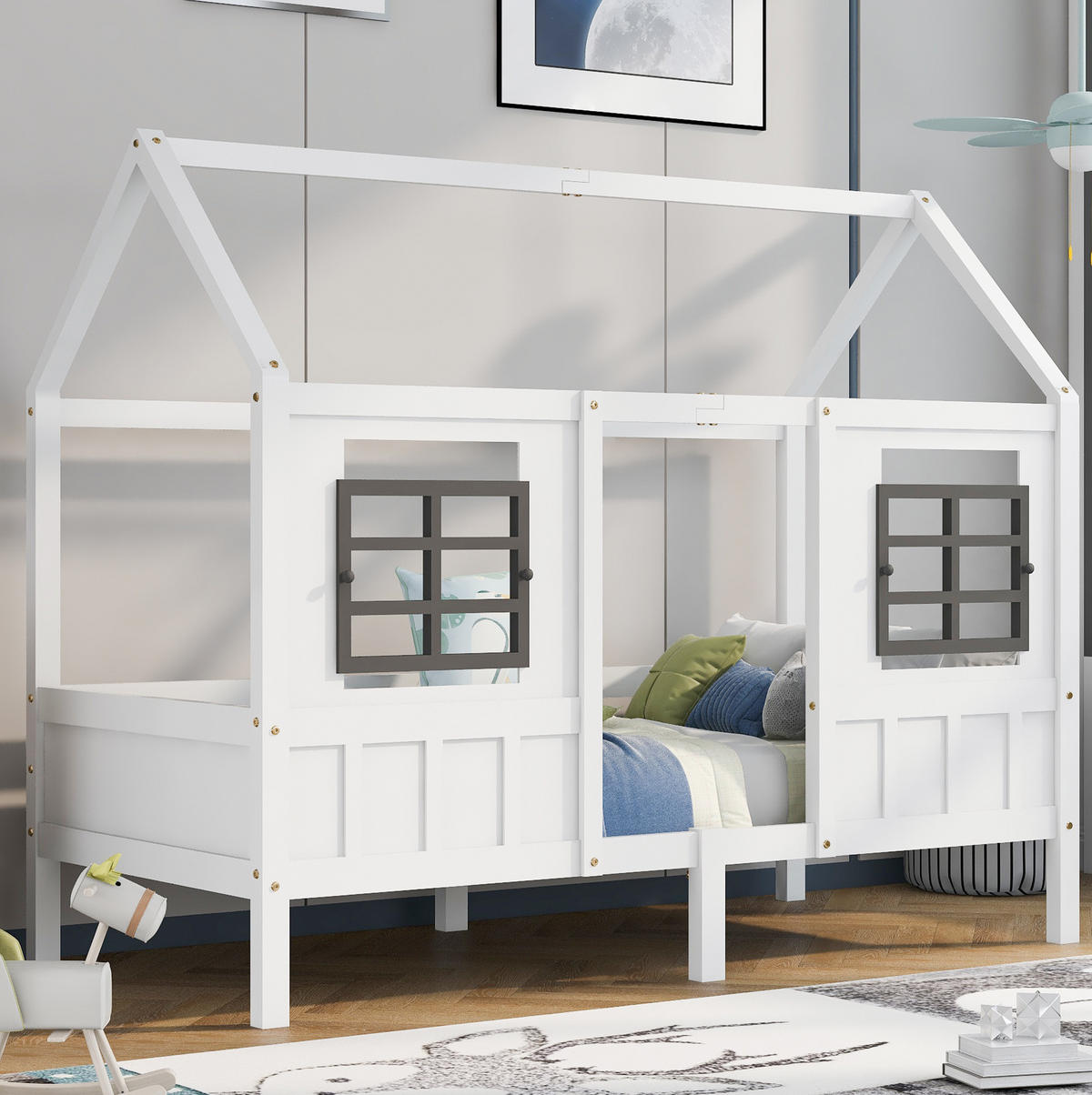 KINDERBETT 90/200 cm in Hausform mit 2 Fenstern und Rundumschutz aus Kiefer und MDF, Weiß - Weiß, Holzwerkstoff (90/200cm) - Redom