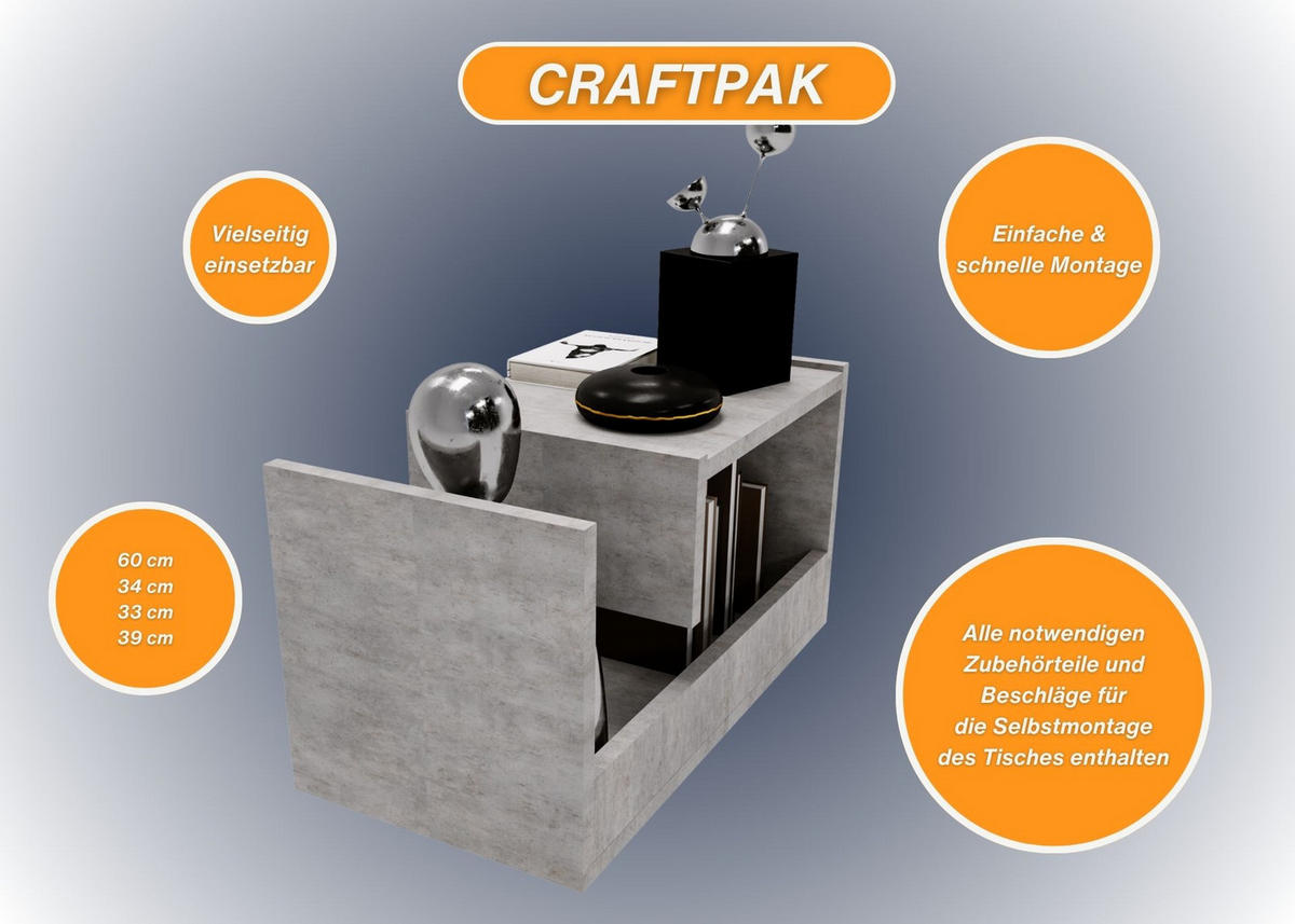 WOHNZIMMERTISCH für Couch 3 mögliche Aufstellmöglichkeiten Grau 33/60/34cm - Grau, Holzwerkstoff (33/60/34cm) - CraftPAK