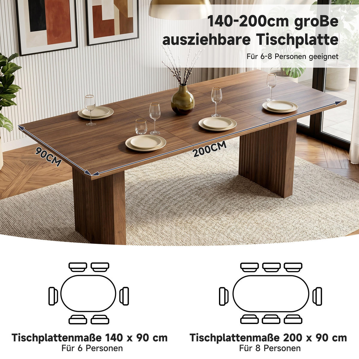 ESSTISCH Nussbaum ausziehbar 140-200cm 6-8 Personen 90cm - Walnussfarben, Holzwerkstoff (200/90/75cm) - FLIEKS