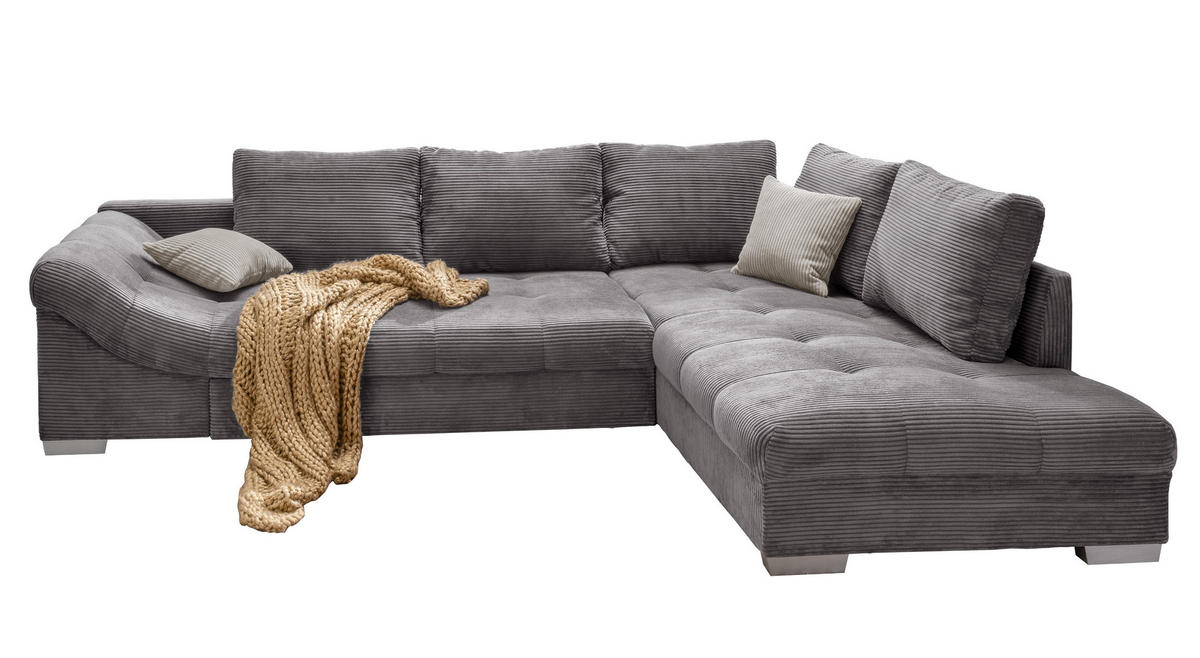 ECKSOFA mit Schlaffunktion, Wellenunterfederung, Ottomane rechts B298/T202/H84 cm, Liegefl. 154x227 cm, Cord Grau / 17201 - Beige/Silberfarben, Holz/Textil (298/202cm) - luma-home