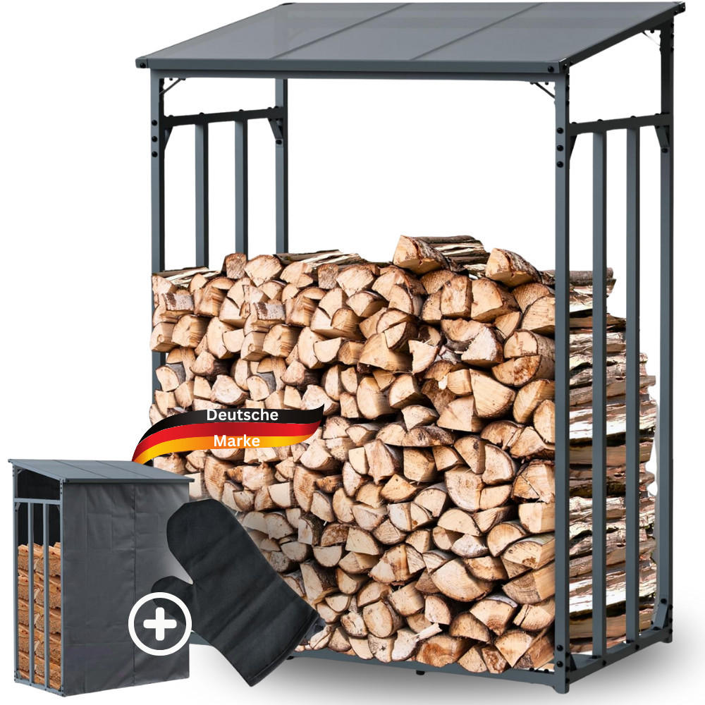 KAMINHOLZREGAL Außen mit Dach ELOS 130x70x185 cminkl. Ofenhandschuh - Anthrazit, Metall (130/185/70cm) - DELUKE