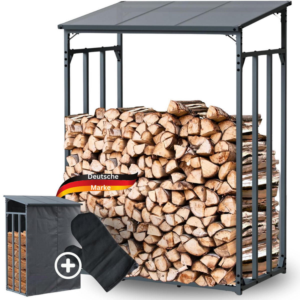 KAMINHOLZREGAL Außen mit Dach ELOS 130x70x185 cminkl. Ofenhandschuh - Anthrazit, Metall (130/185/70cm) - DELUKE