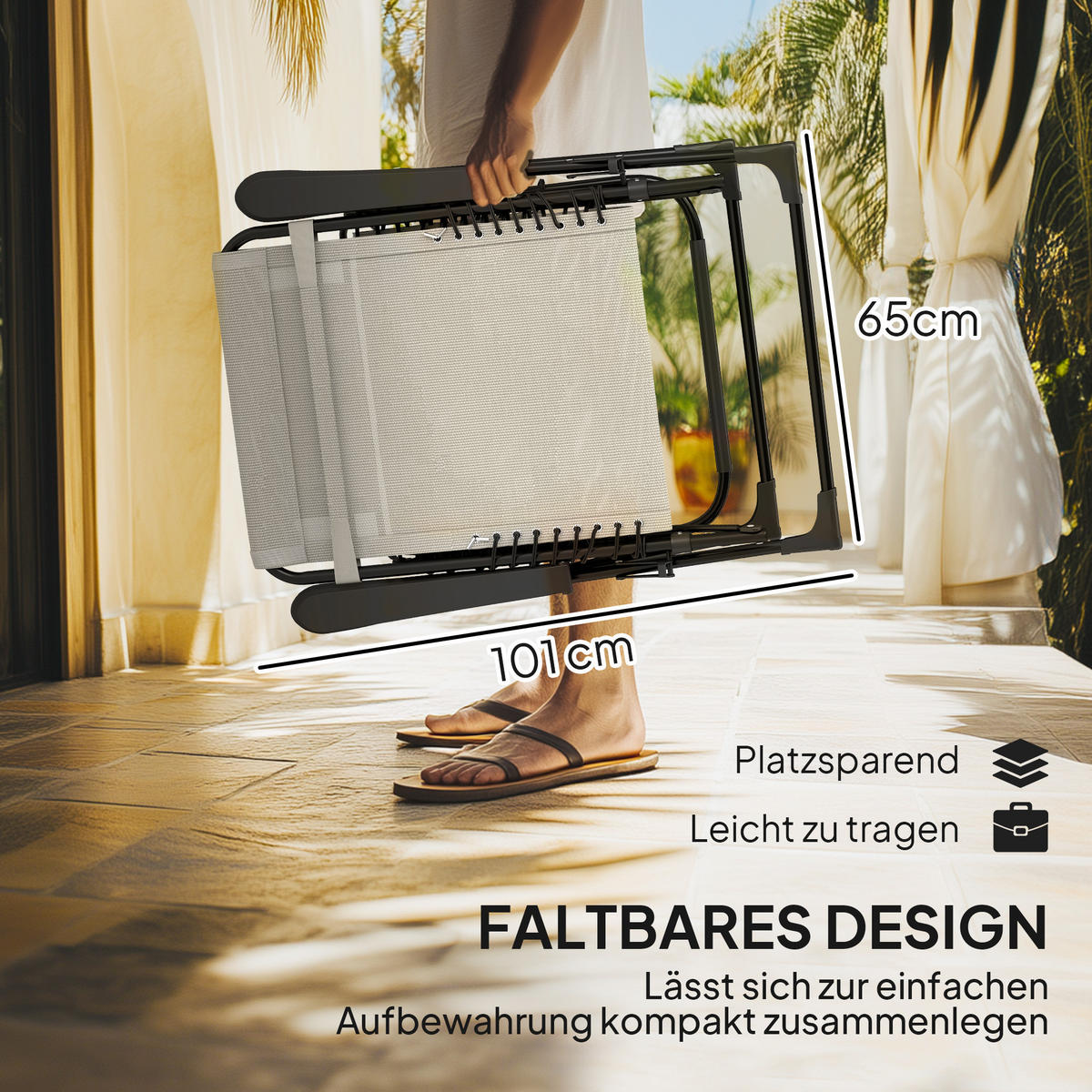 SONNENLIEGE klappbar Gartenliege mit Kopfkissen, Liegestuhl Campingliege Beige - Beige, Metall (65/112/90cm) - Outsunny