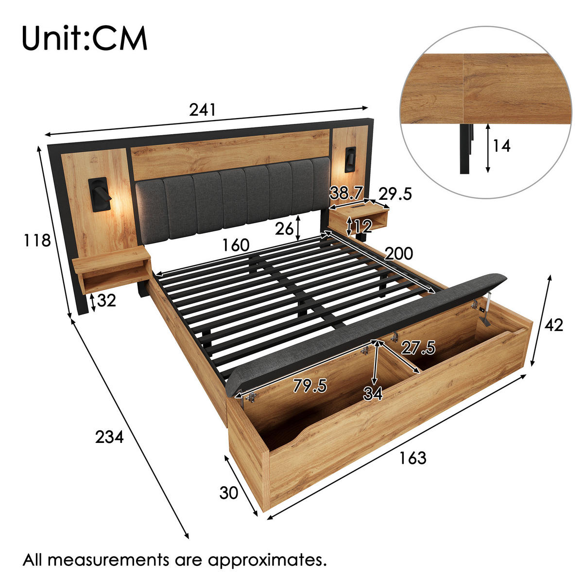 POLSTERBETT 160/200 cm mit Leselampen, USB-Type-C-Nachttischen und Bettbank mit Stauraum, Eiche - Eichefarben, Metall (160/200cm) - Redom