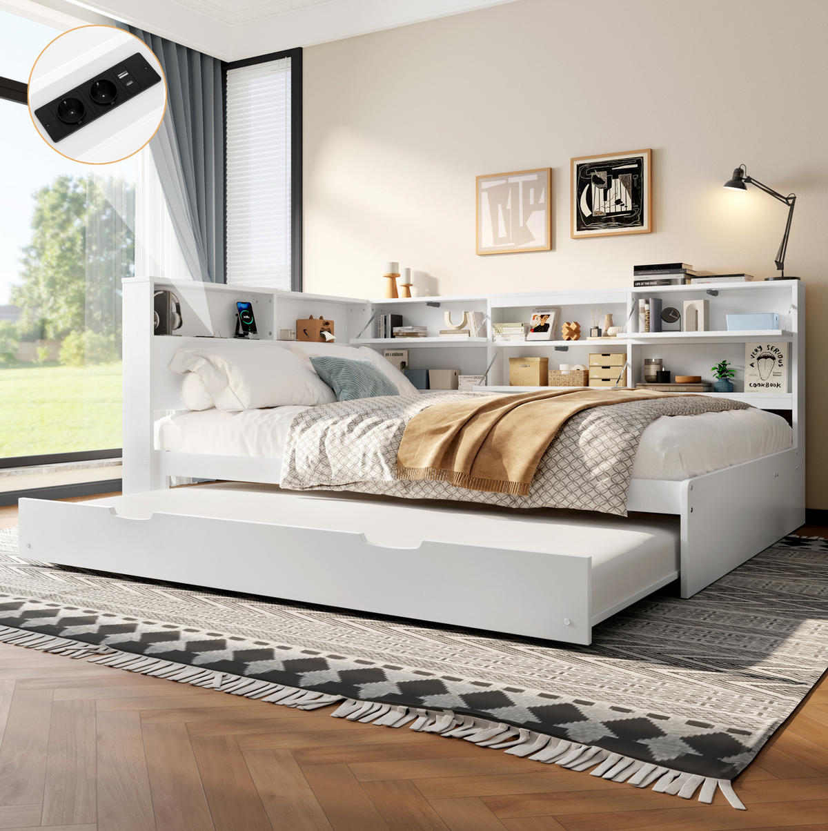 BETT 140/200 cm mit Kopfteil und Ausziehbett in Weiß - Weiß, Holzwerkstoff (140/200cm) - BEAOK
