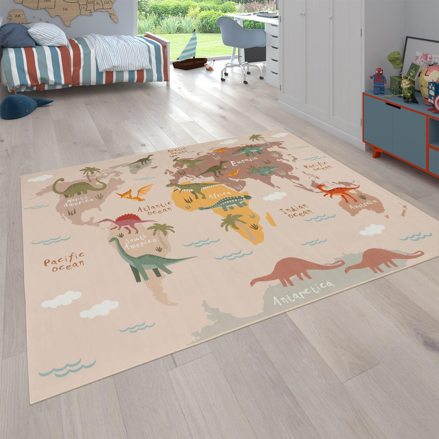 KINDERTEPPICH waschmaschinenwaschbar Dinosaurier‑Weltkarten‑Muster Kinderzimmer schmutzabweisend Beige Quadrat 200S - Beige, Textil (200/200cm) - KADIMA DESIGN