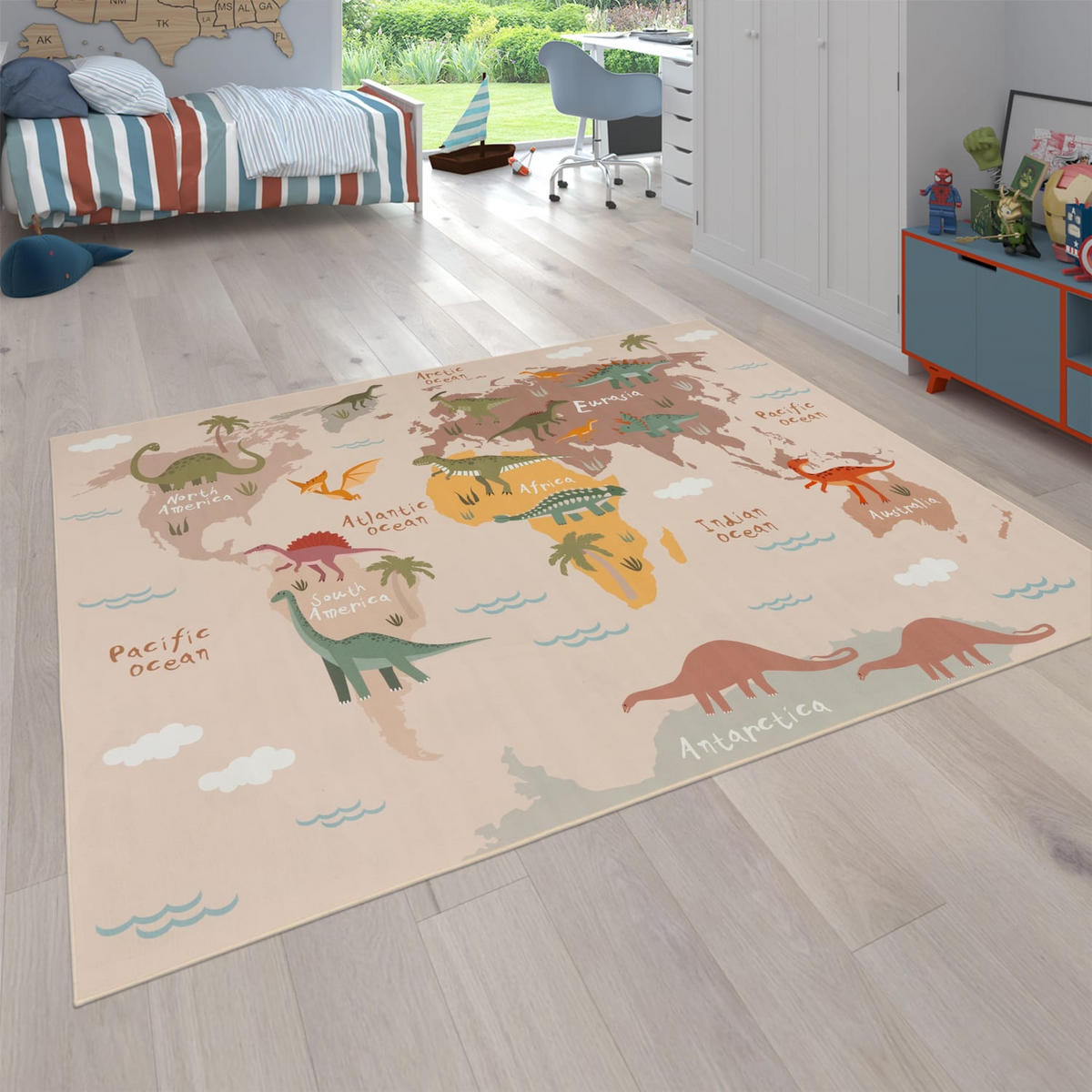 KINDERTEPPICH waschmaschinenwaschbar Dinosaurier‑Weltkarten‑Muster Kinderzimmer schmutzabweisend Beige Quadrat 200S - Beige, Textil (200/200cm) - KADIMA DESIGN