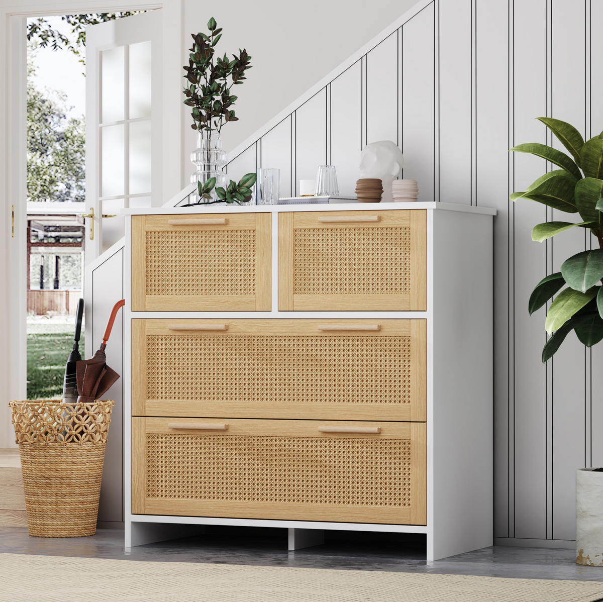 KOMMODE 80/38/80 cm mit 4 Schubladen und Rattanfronten - Weiß, Holzwerkstoff (80/38/80cm) - BEAOK