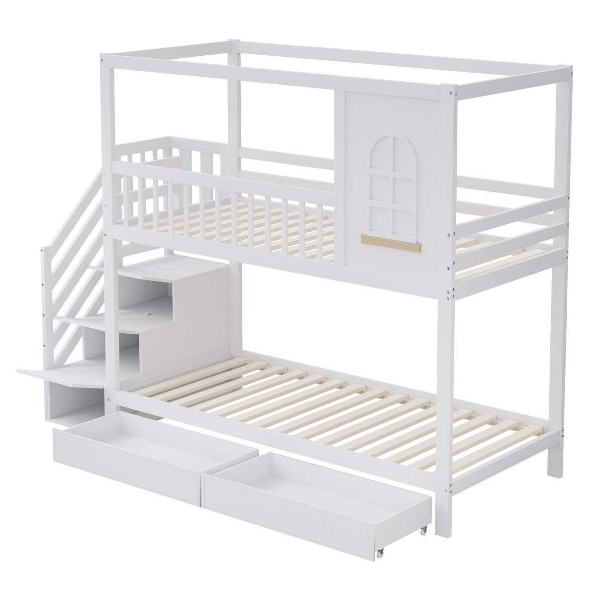 ETAGENBETT 90/200 cm Weiß mit Sicherheitszaun und Stauraum - Weiß, Holz (90/200cm) - OKWISH