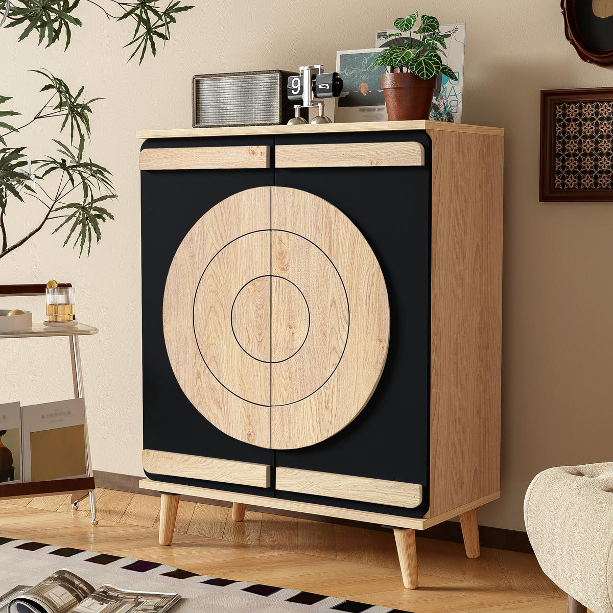 SCHUHSCHRANK Modern Runde Geometrische Türen Stauraum Holzbeine - Schwarz, Holzwerkstoff (37/98.5/76cm) - FLIEKS