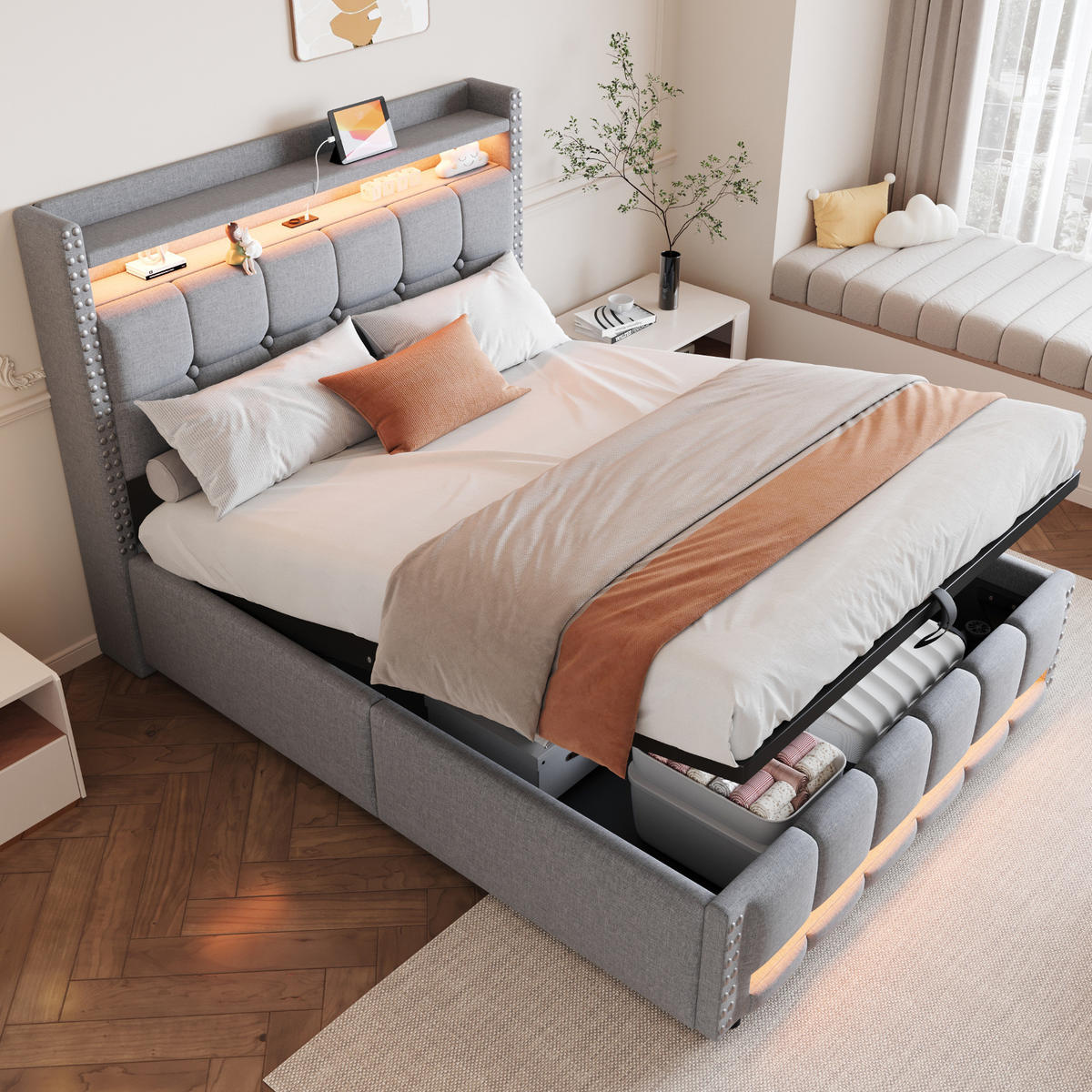 POLSTERBETT 140/200 cm Hellgrau aus Leinenstoff mit LED-Beleuchtung und Stauraum - Hellgrau, Textil (140/200cm) - OKMYHOME