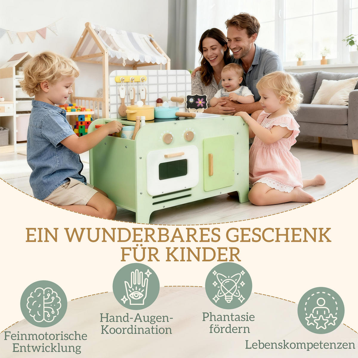 KINDER-SPIELKÜCHE mit Mikrowelle Spüle und Zubehör Grün - Grün, Holzwerkstoff (60/31.6/58cm) - AIYAPLAY