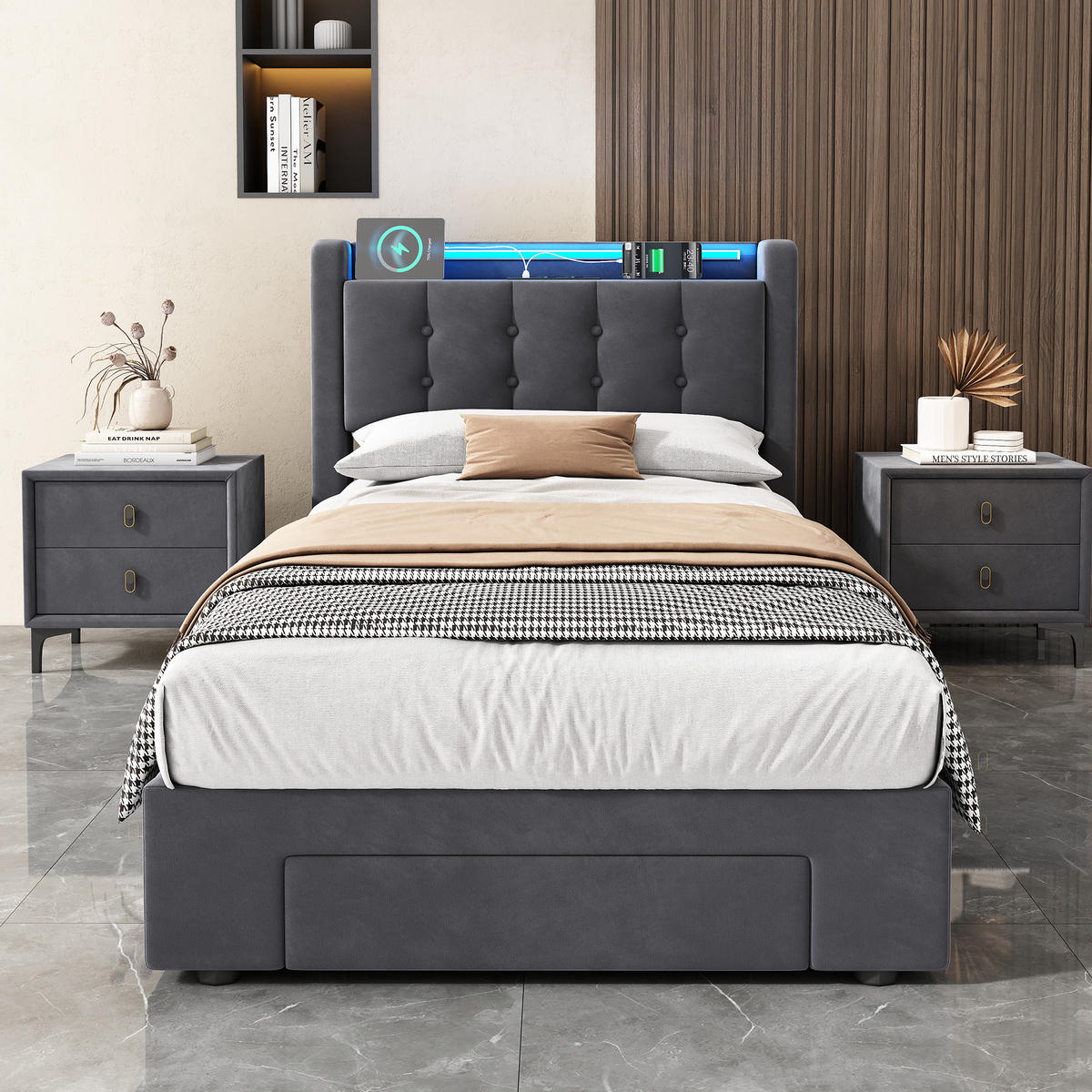 POLSTERBETT 90/200 cm Grau mit LED-Lichtleiste und USB-Anschlüssen - Grau, Holzwerkstoff (90/200cm) - OKWISH