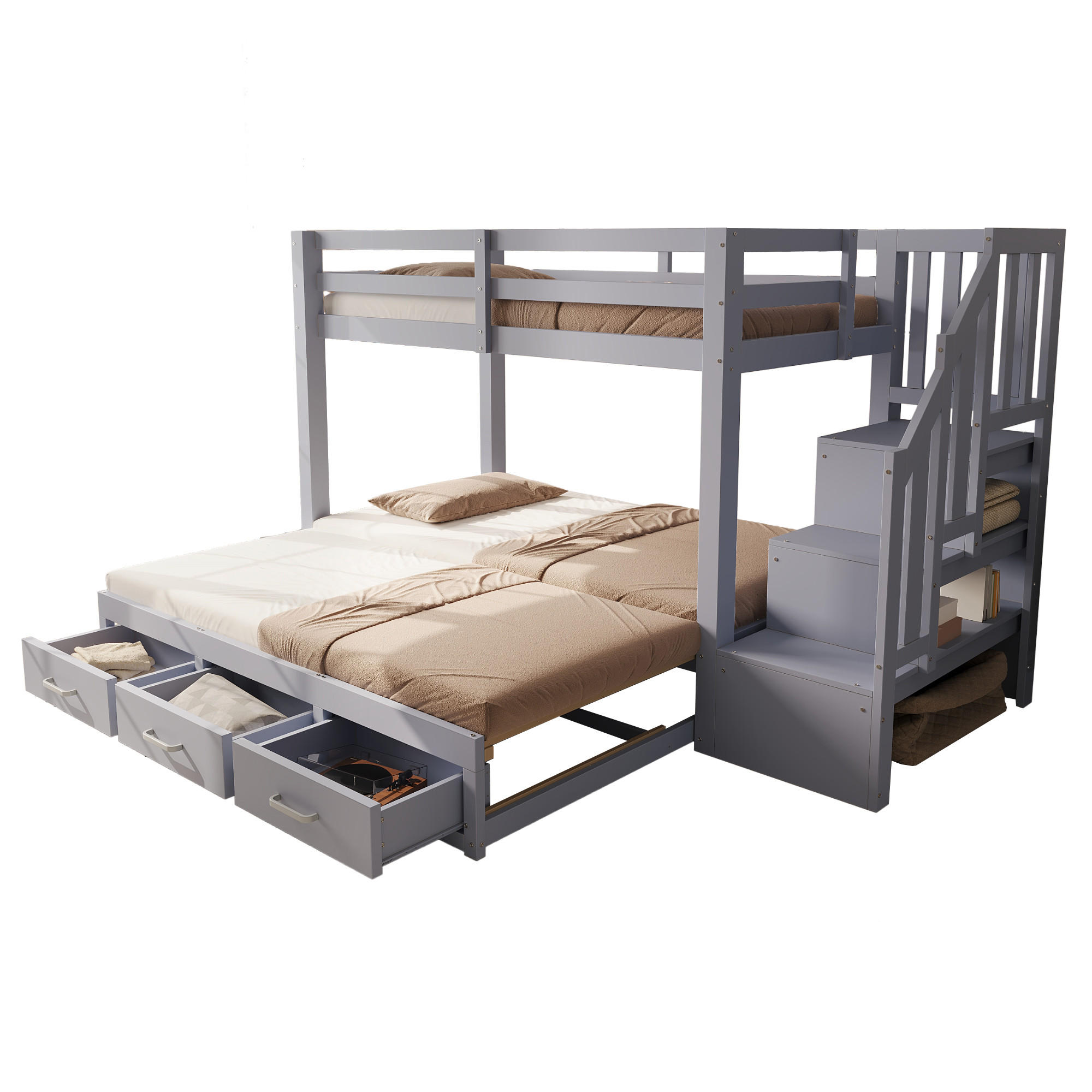 ETAGENBETT 90/200 cm mit Ausziehbett 90/180/190 cm, Stauraumleiter und 3 Schubladen, Kiefern , Grau - Grau, Holzwerkstoff (90/200cm) - Redom