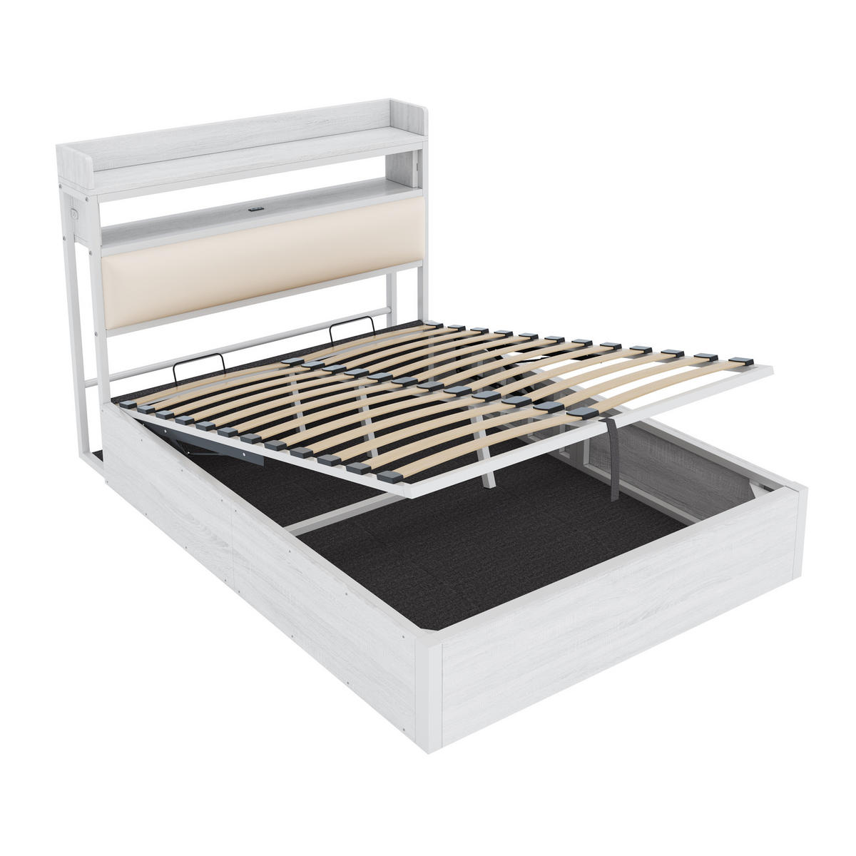 BETTRAHMEN 140/200 cm mit hydraulischer Hebevorrichtung und USB-Anschlüssen Weiß - Weiß, Metall (140/200cm) - OKWISH