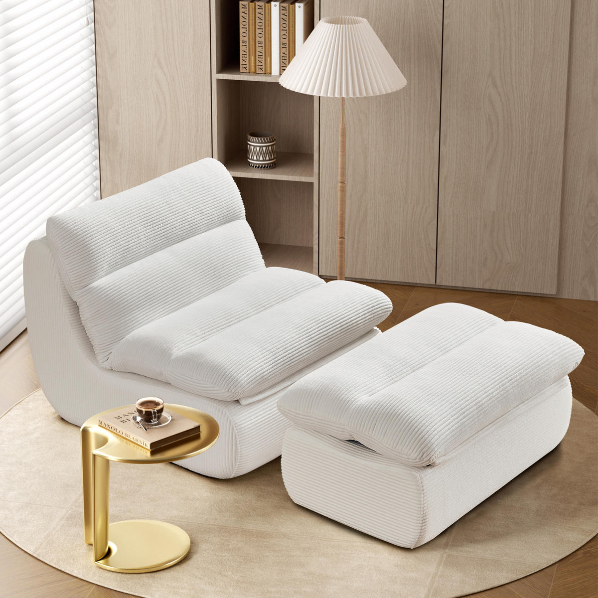 SOFA 101/81/75 cm mit Fußhocker, abnehmbarer Rücken- und Sitzpolsterung aus Cord, Beige - Beige, Textil (81/75/101cm) - Redom