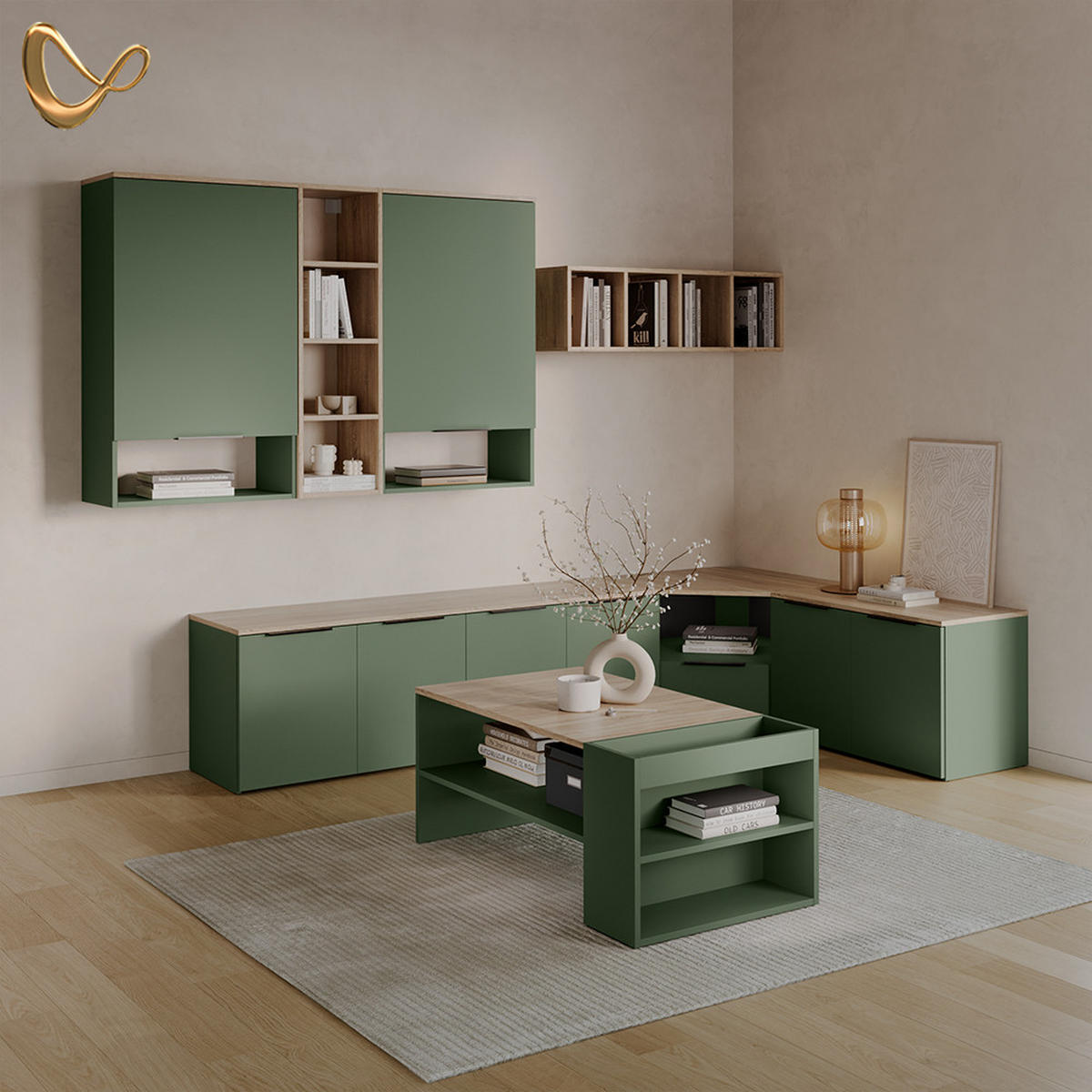 WOHNWAND Piave Grün 3 Teile - Grün, Holzwerkstoff (68/50/68cm) - Livinity®