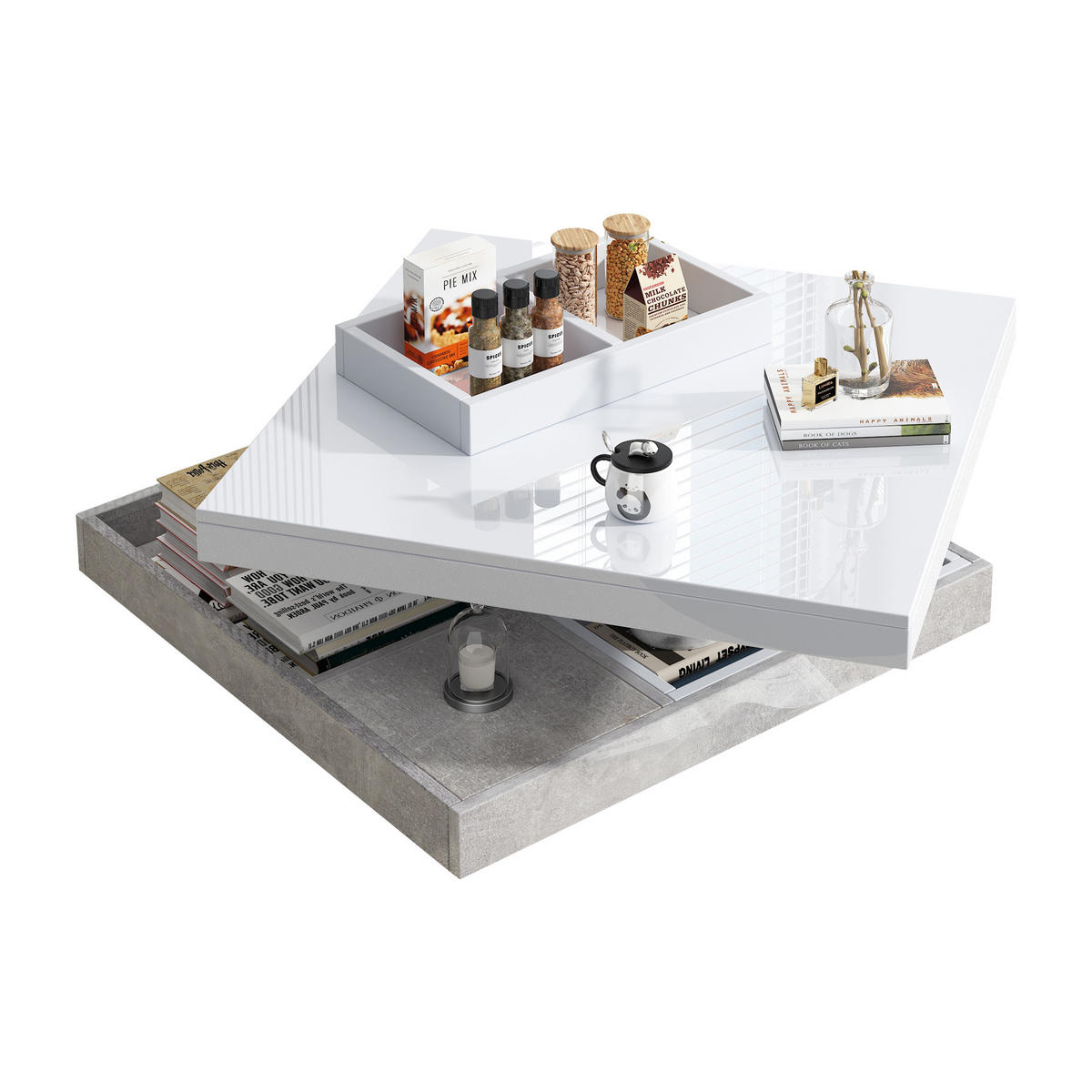 COUCHTISCH 70/70/36 cm weiß mit Hochglanzplatte 360° drehbar - Weiß, Holzwerkstoff (70/70/36cm) - OKWISH