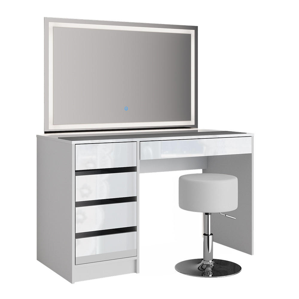 SCHMINKTISCH Sherry Weiß 120 cm mit LED-Spiegel und Hocker - Weiß, Holzwerkstoff (120/75/55cm) - Vicco