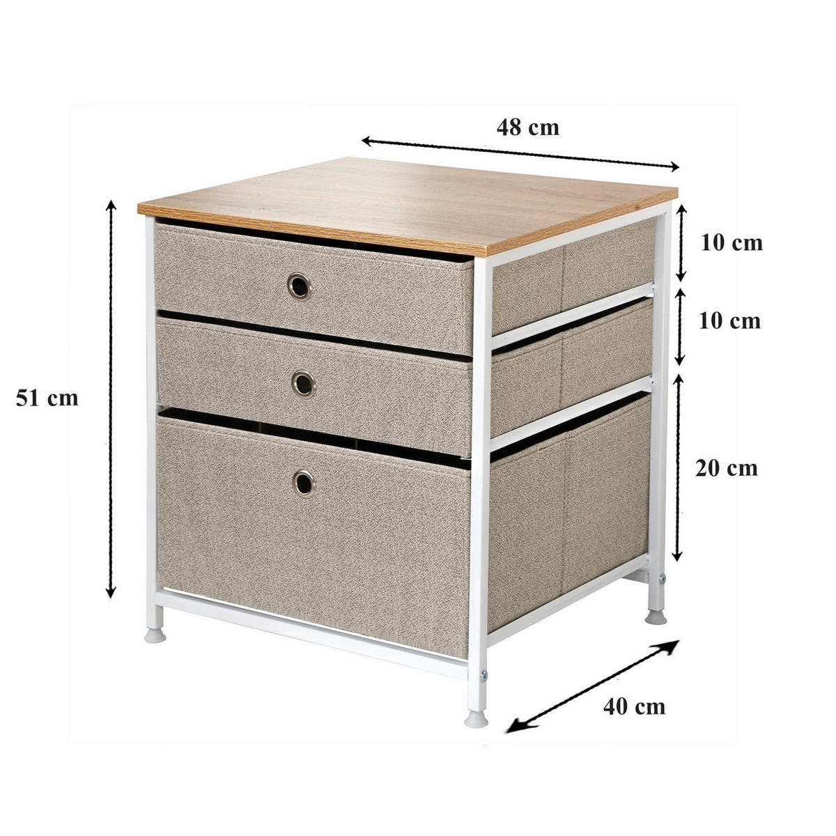 KOMMODE mit 3 Schubladen aus hellem Vliesstoff - L48 cm - Weiß, Holzwerkstoff (40/51/41cm) - Calicosy