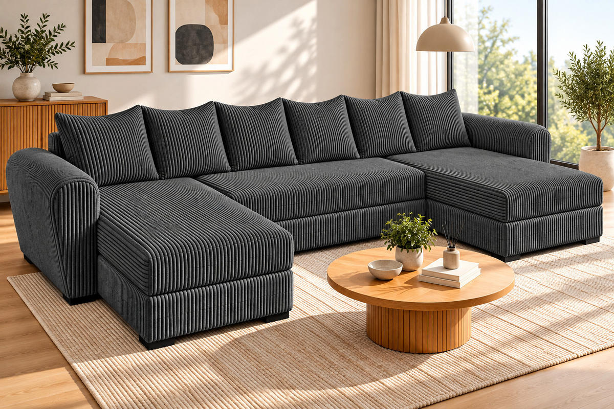 WOHNLANDSCHAFT PUMA U 308 cm – Cord Sofa in U-Form mit Schlaffunktion, Bettkasten und weichem Cordbezug - Dunkelgrau/Schwarz, Kunststoff (308/85/140cm)