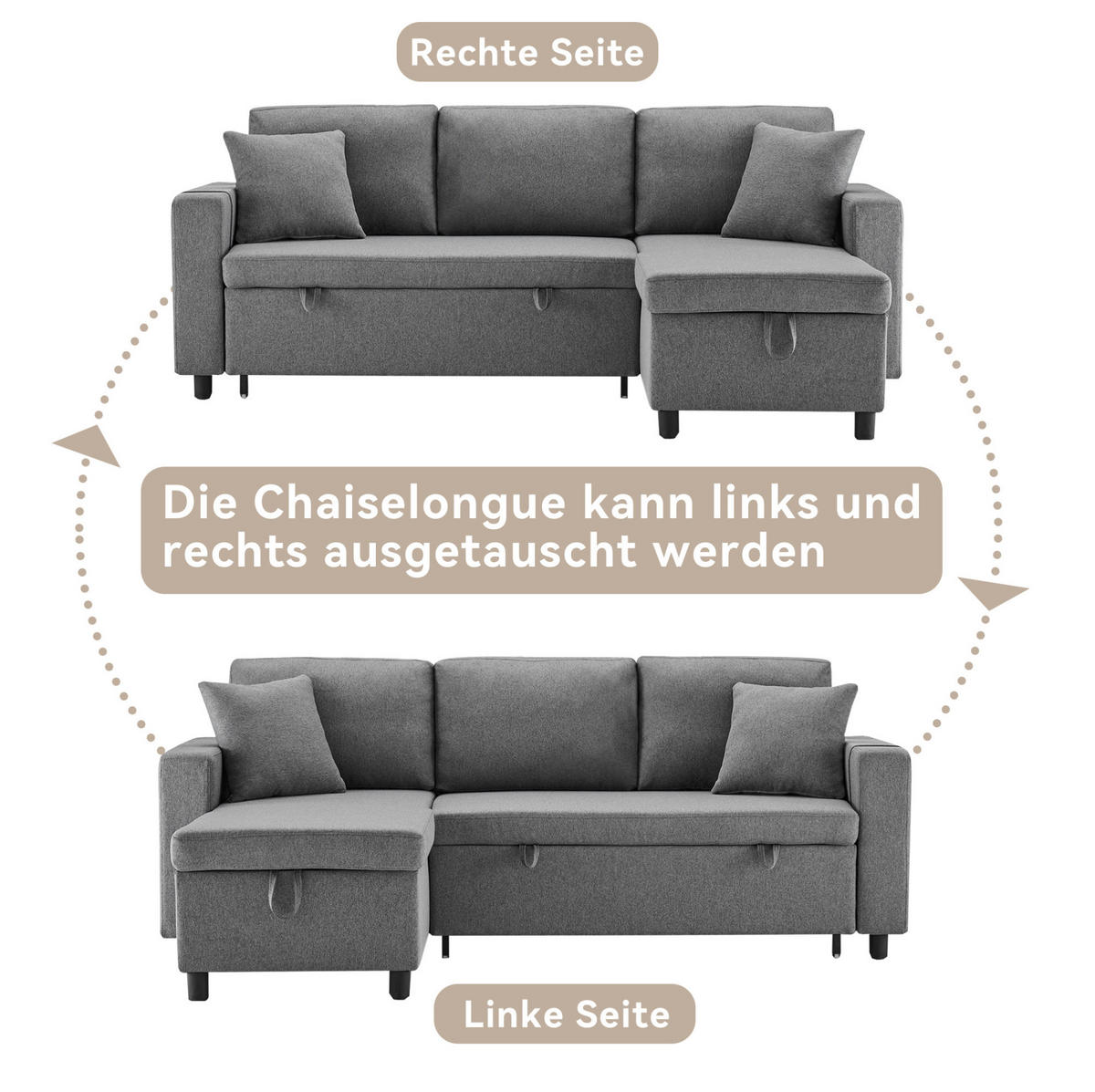 ECKSCHLAFSOFA Leinen mit Stauraum und Seitentaschen Dunkelgrau 219,5/142,5/83 cm - Dunkelgrau, Textil (83/142.5cm) - Redom