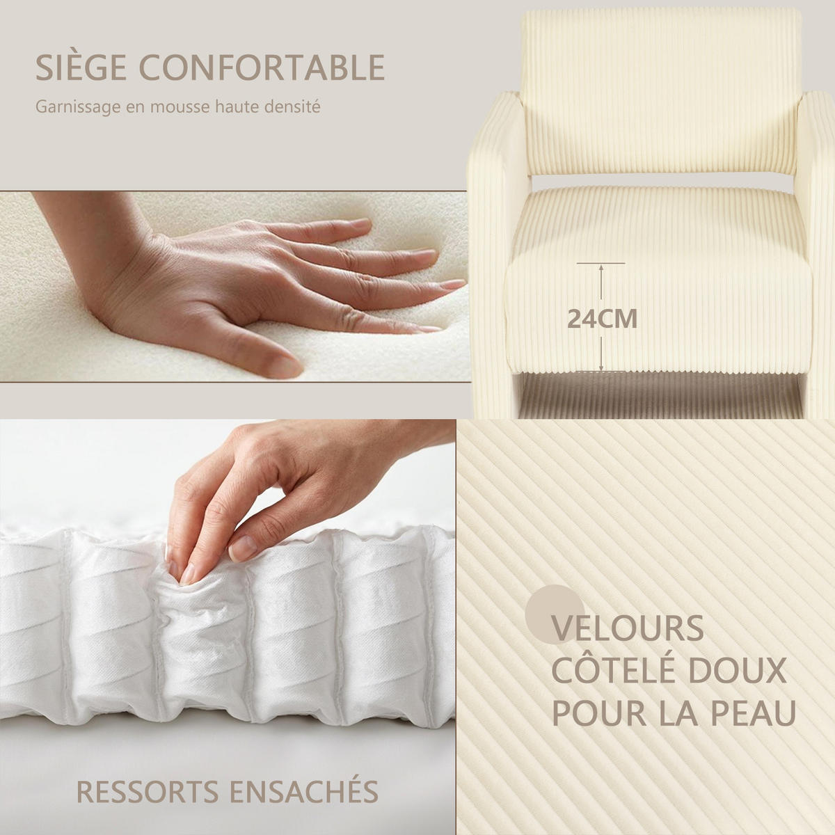 SESSEL, 2er-Set, mit Armlehnen, Cordbezug und Massivholzfüßen, Beige und Grün - Beige/Grün, Holz (66/76.5/73.5cm) - Meubles Cosy