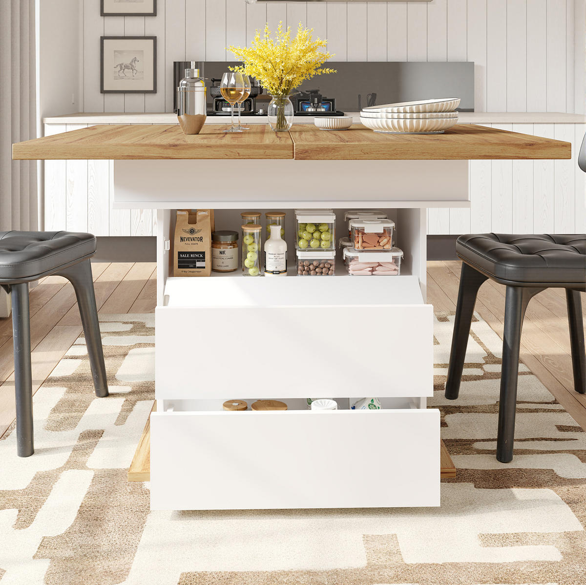 JÍDELNÍ stůl 110-140/80/75 cm přírodní/bílý z MDF s rozkládací deskou a úložným prostorem - bílá, kompozitní dřevo (140/80/75cm) - OKWISH