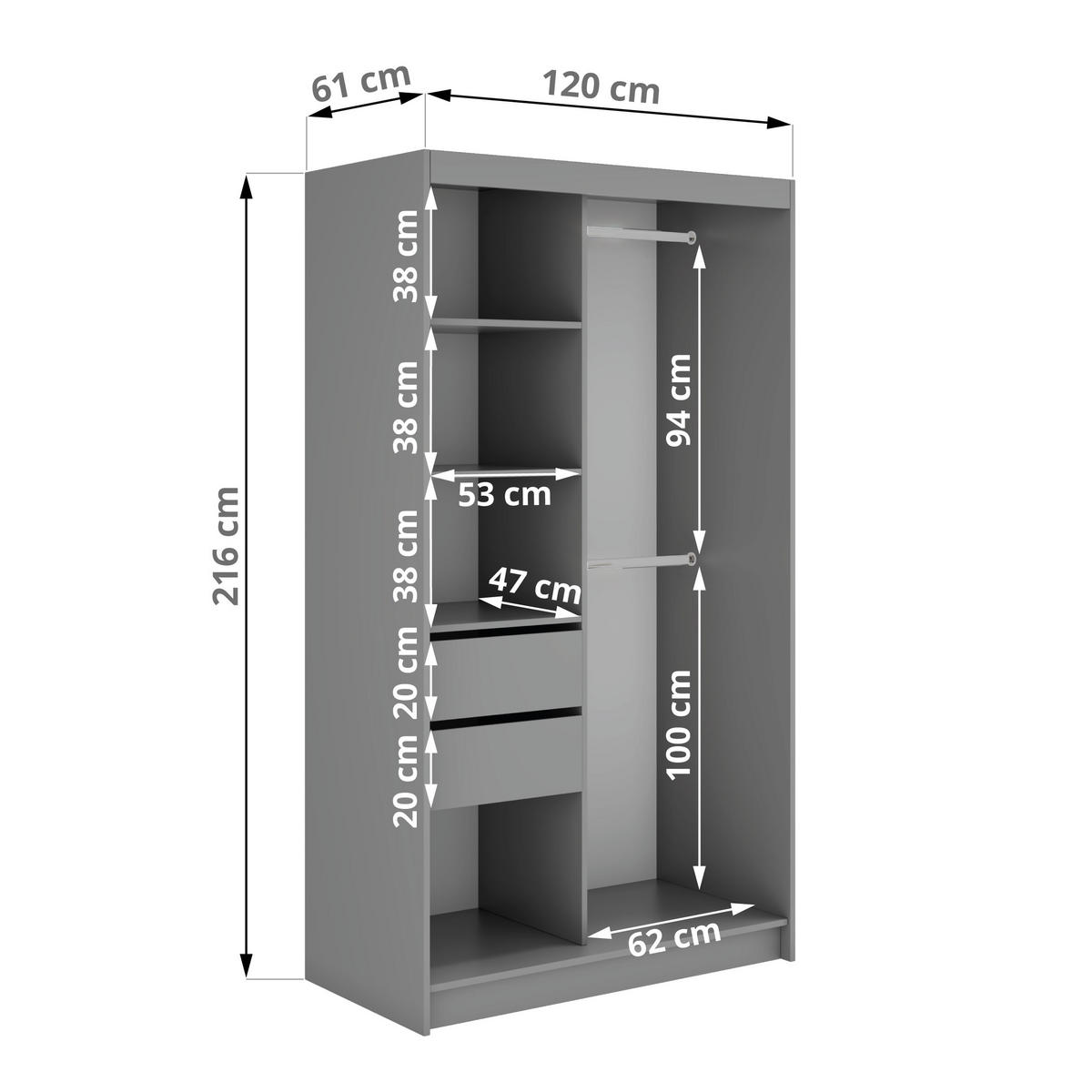 SCHWEBETÜRENSCHRANK mit Spiegel und Schubladen - WALENCJA - 120 - Grau lacobel - Alufarben/Grau, Holzwerkstoff/Metall (120/216/61cm) - MKS
