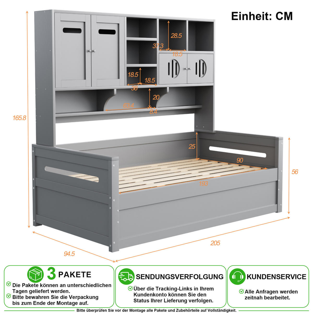 SCHLAFSOFA 90/200 cm in Grau mit Stauraum, Regal und Ablage aus Holz - Grau, Holz/Holzwerkstoff (90/200cm) - CHICFURN