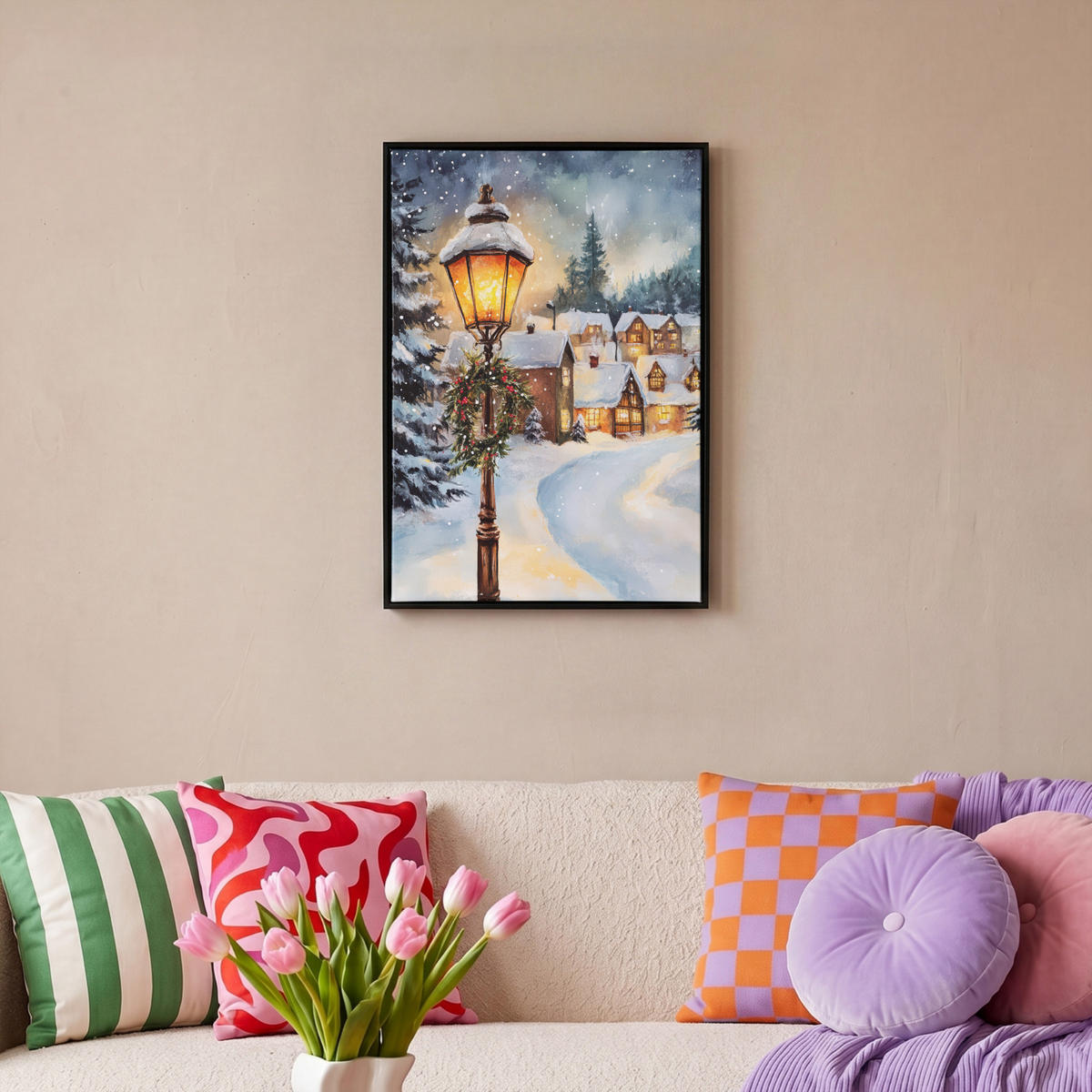LEINWAND Bilder mit Rahmen - Weihnachtsdorf - Häuser - Schnee - Weihnachten - 40x60 - Sandfarben, Textil (40/60cm) - MuchoWow