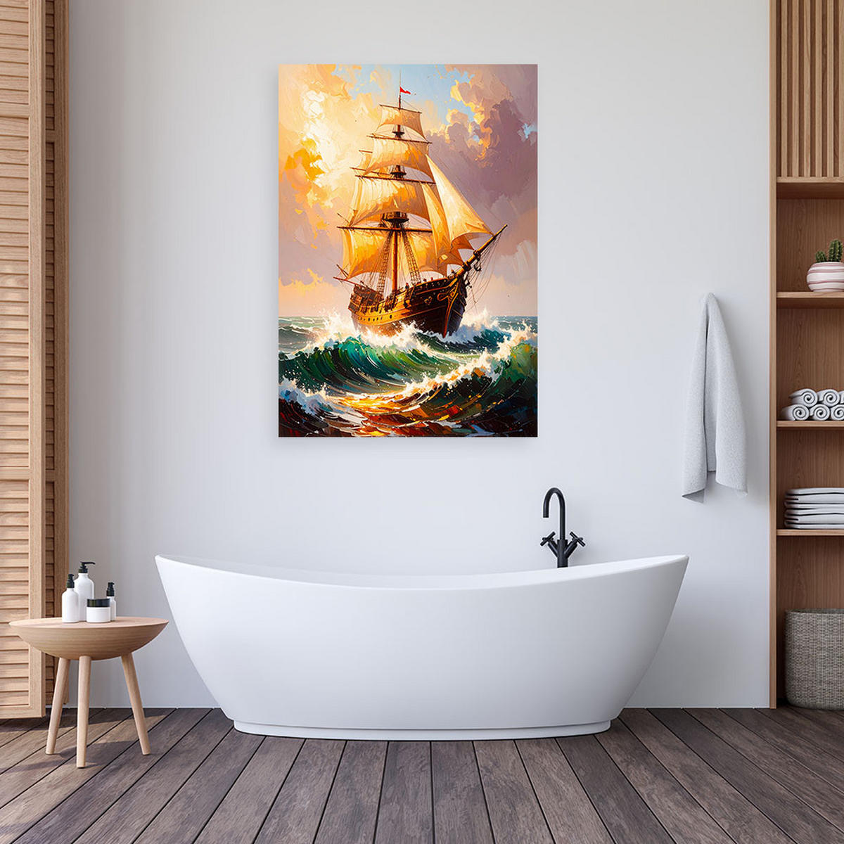 LEINWANDBILD Segelschiff auf rauer See 60x90cm - Beige, Textil (60/90cm) - Feeby