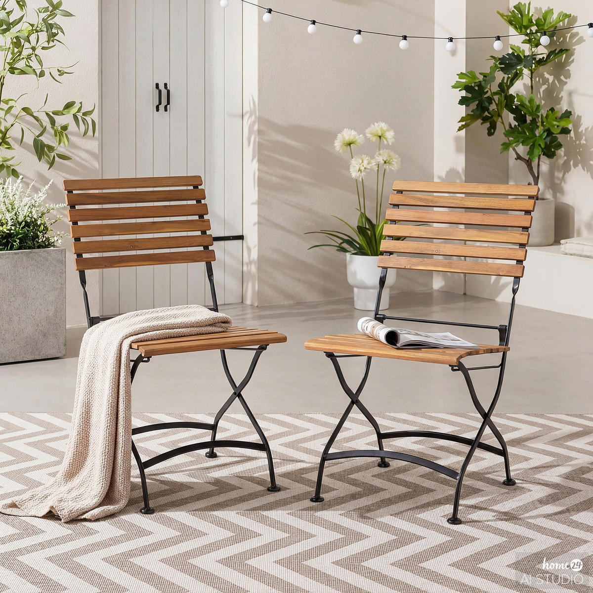 GARTENSTUHL - 2er-Set - Akazie massiv / Stahl - Akazie / Schwarz - Schwarz/Akaziefarben, Holz/Metall (43/89/52cm) - home24